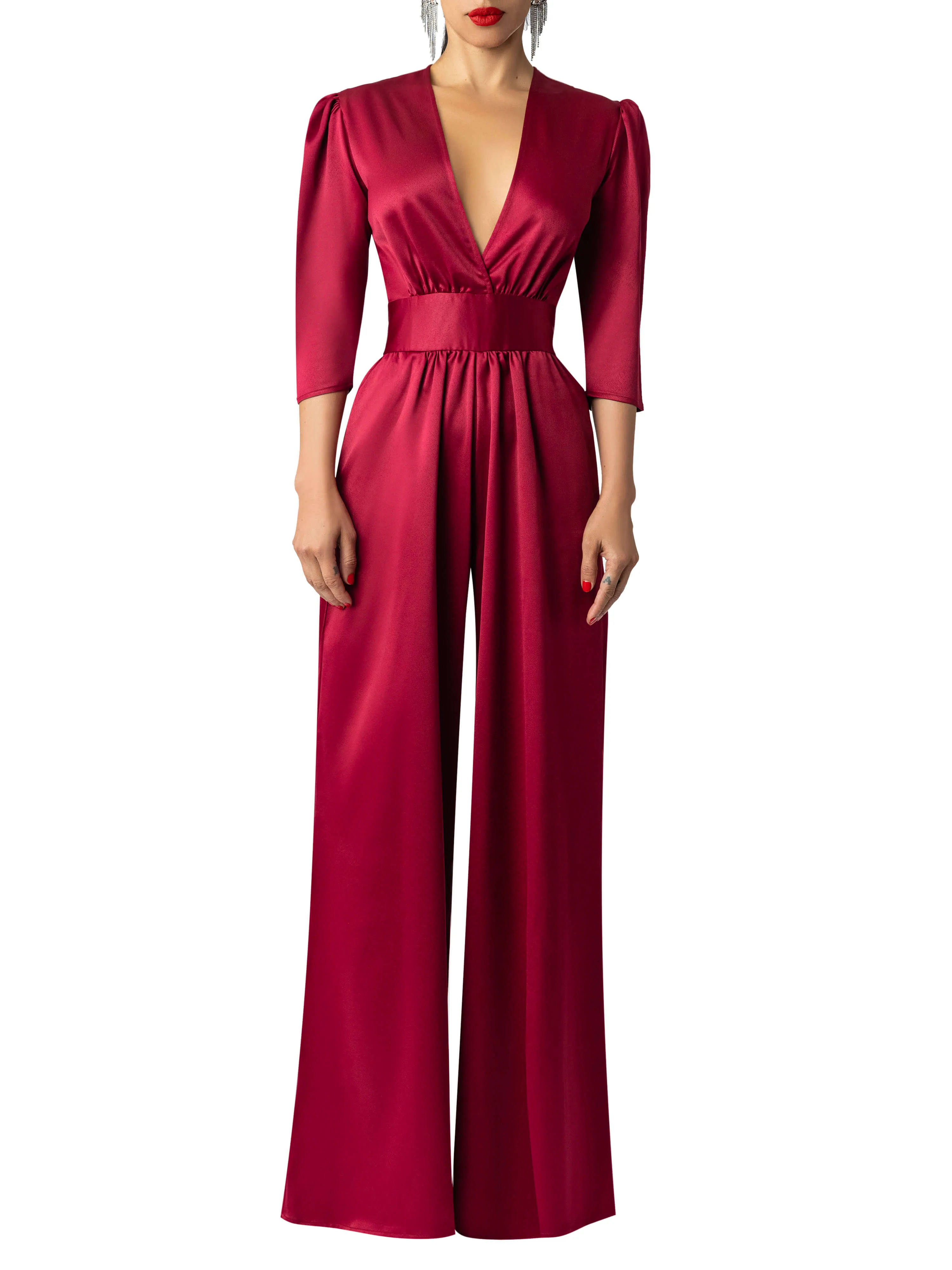 "Jocelyn" Burgundy V-Neck Jumpsuit