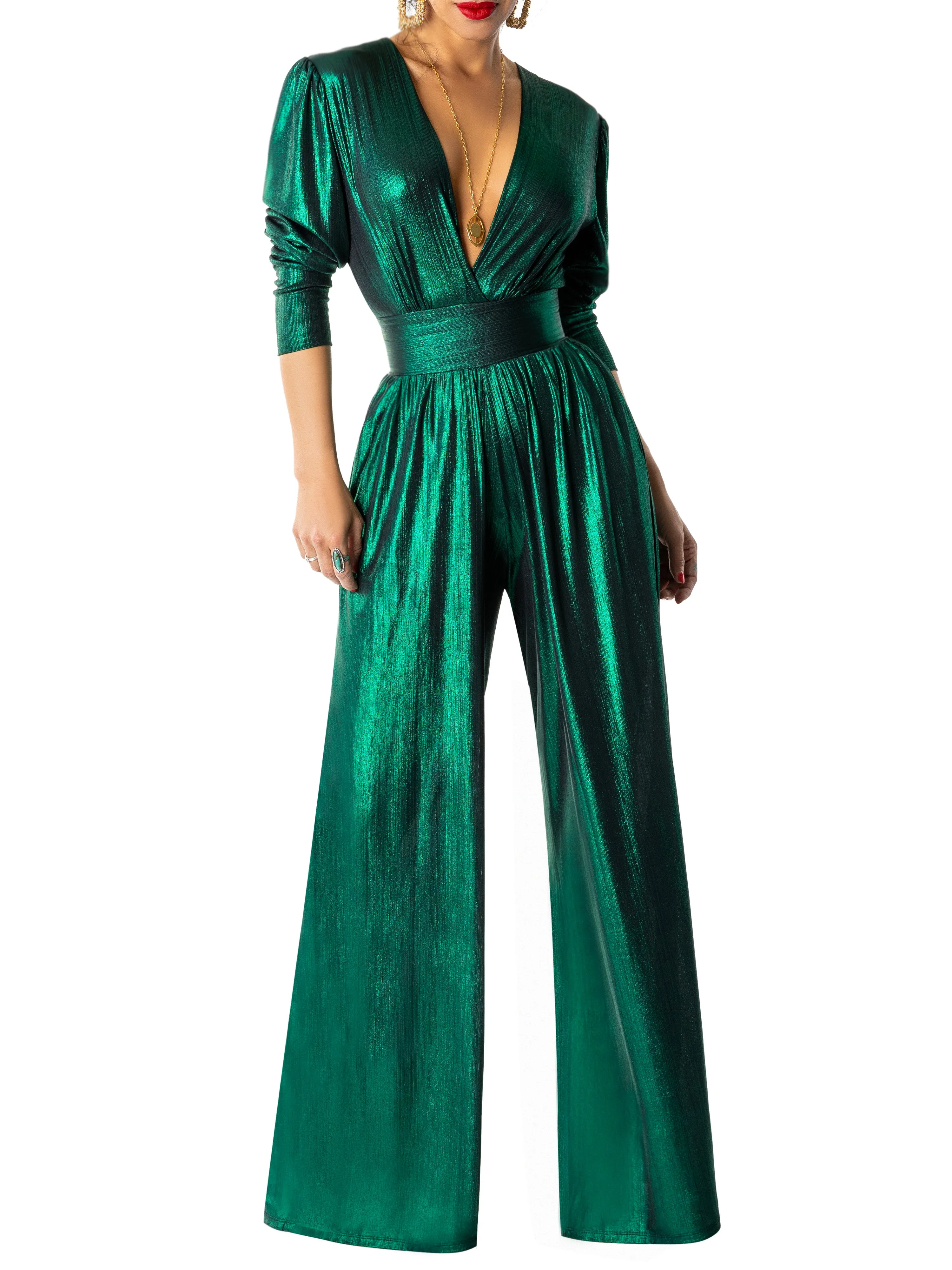 "Margot" Emerald V-Neck Jumpsuit
