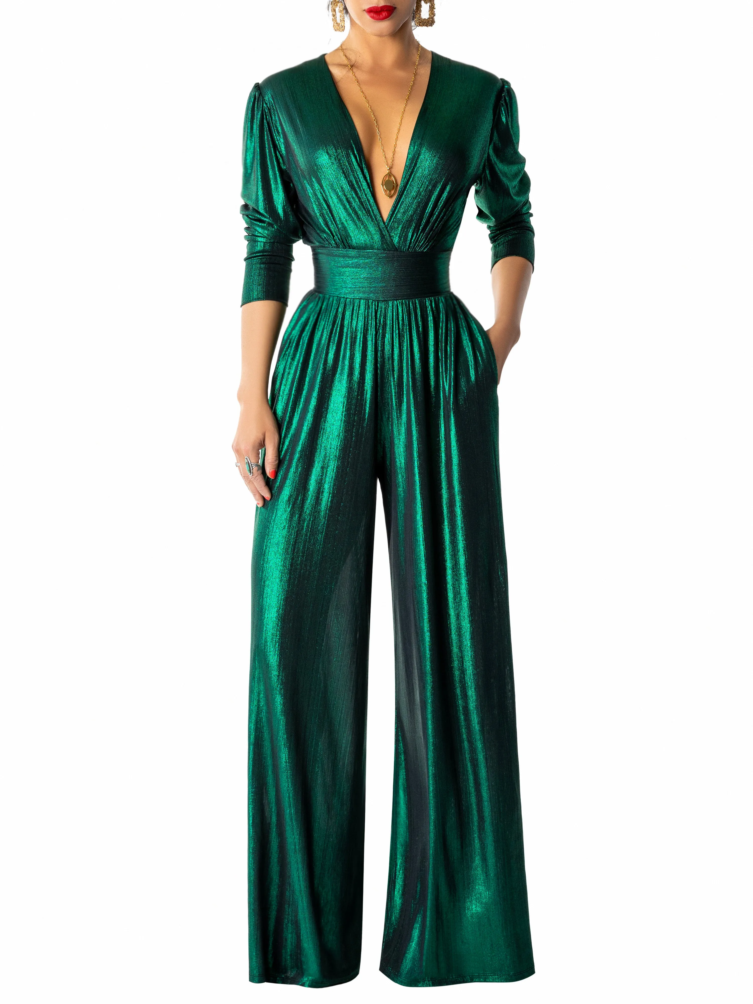 "Margot" Emerald V-Neck Jumpsuit
