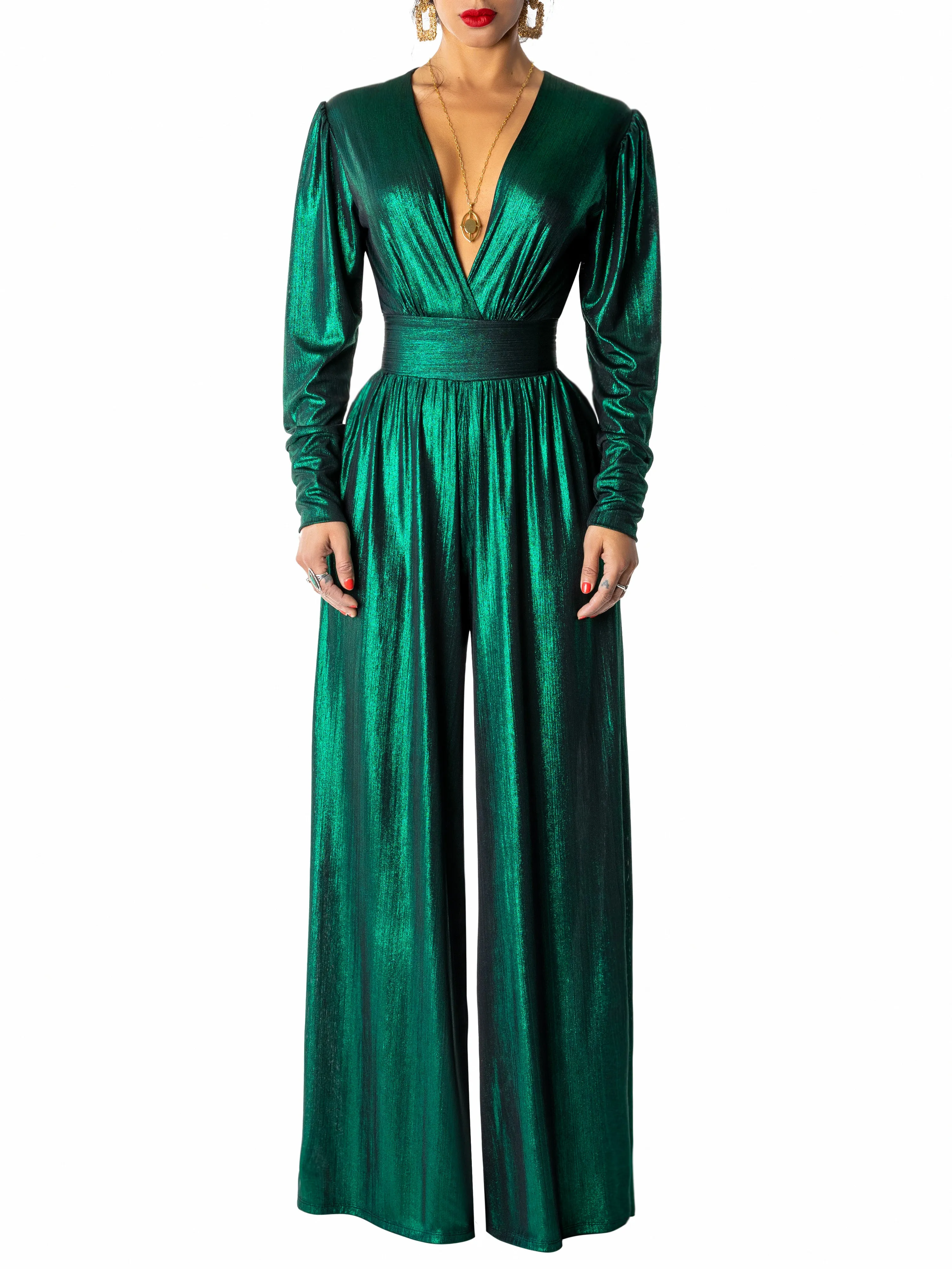 "Margot" Emerald V-Neck Jumpsuit