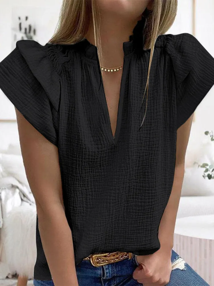 Raglan Sleeve V-Neck Leisure Loose Pleated Blouse