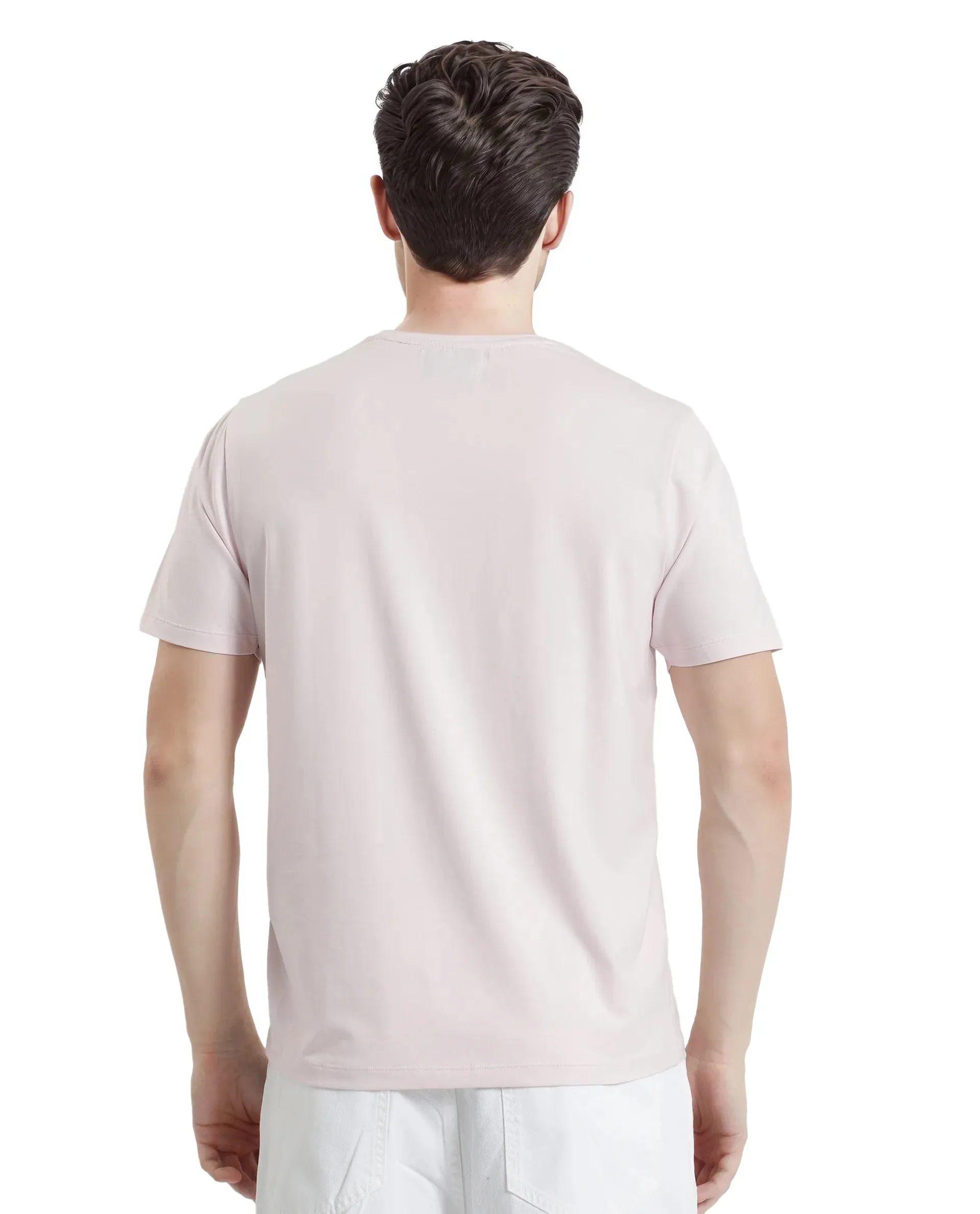 Rare Rabbit Men Wrax Light Pink Cotton Blend Fabric Short Sleeve Crew Neck HD Print Branding T-Shirt