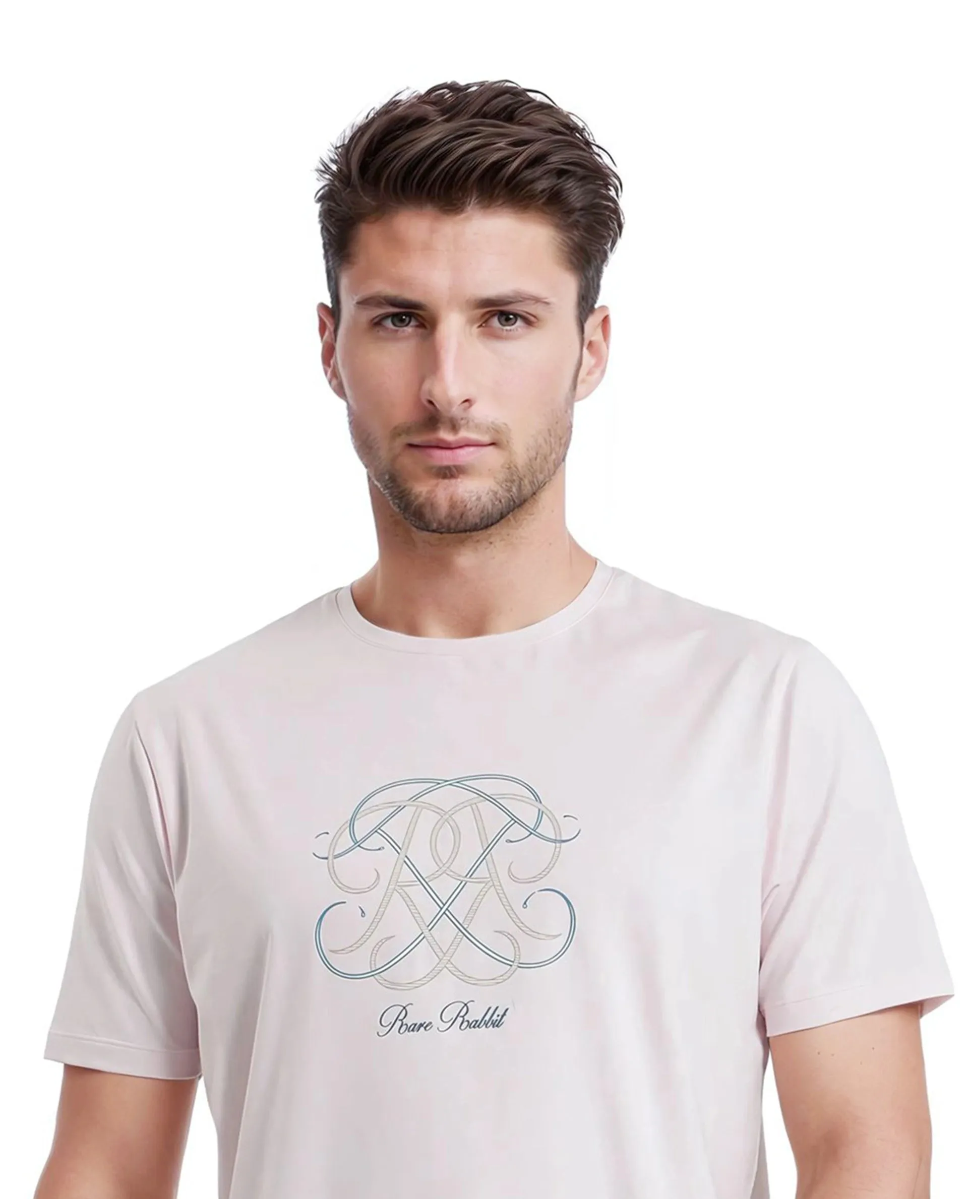 Rare Rabbit Men Wrax Light Pink Cotton Blend Fabric Short Sleeve Crew Neck HD Print Branding T-Shirt