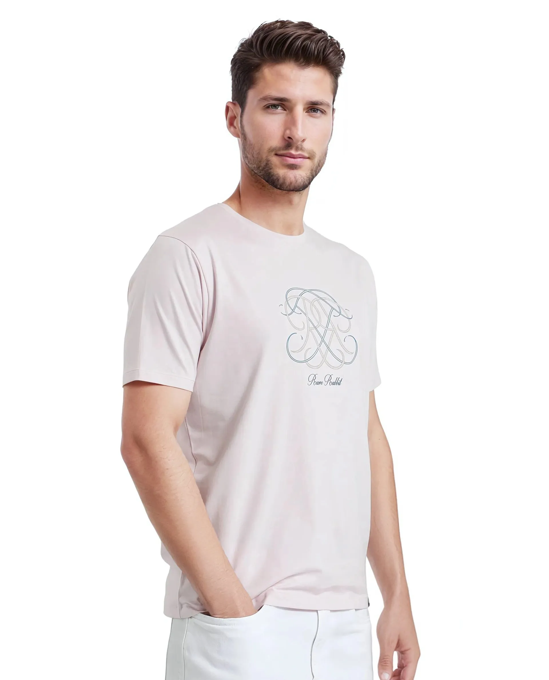 Rare Rabbit Men Wrax Light Pink Cotton Blend Fabric Short Sleeve Crew Neck HD Print Branding T-Shirt