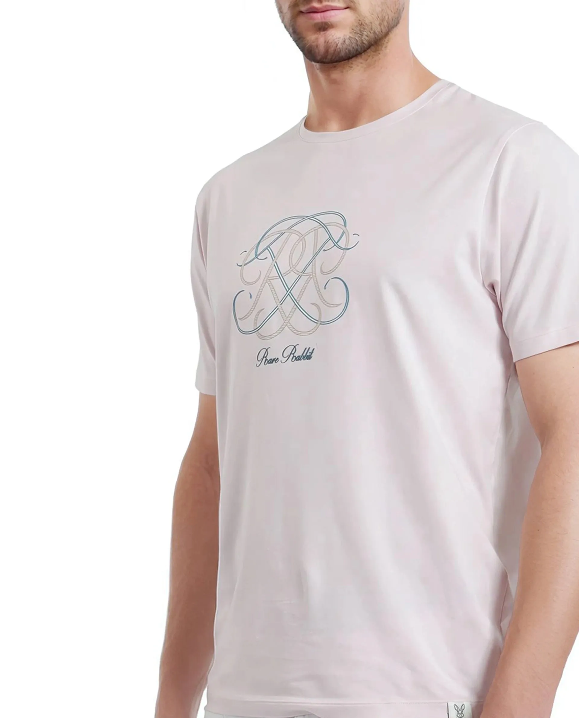 Rare Rabbit Men Wrax Light Pink Cotton Blend Fabric Short Sleeve Crew Neck HD Print Branding T-Shirt