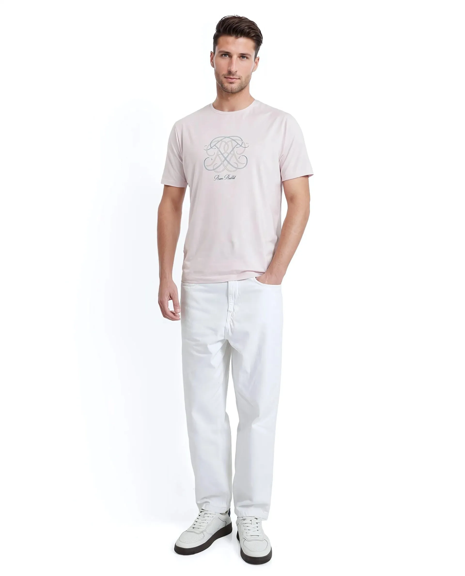 Rare Rabbit Men Wrax Light Pink Cotton Blend Fabric Short Sleeve Crew Neck HD Print Branding T-Shirt