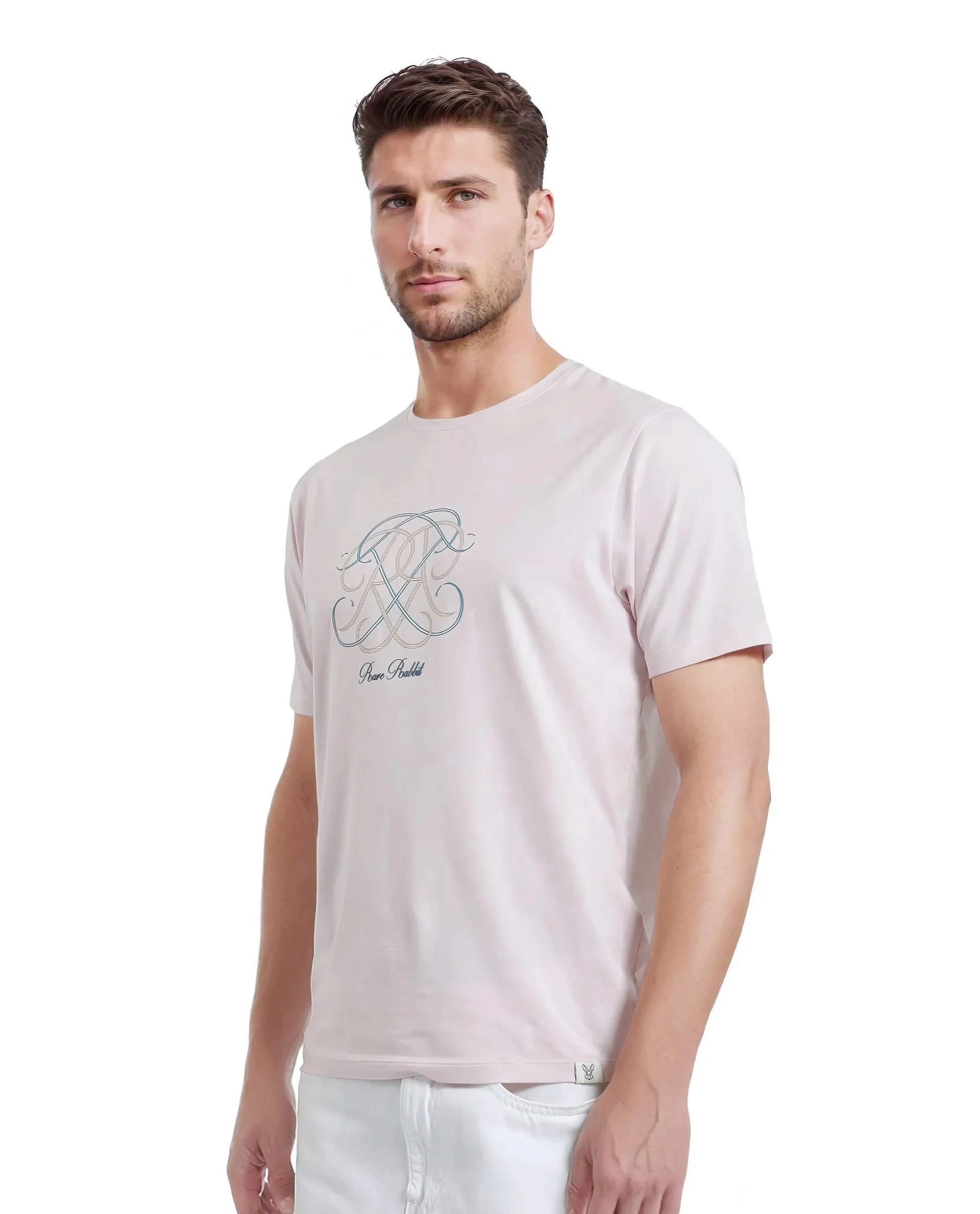 Rare Rabbit Men Wrax Light Pink Cotton Blend Fabric Short Sleeve Crew Neck HD Print Branding T-Shirt
