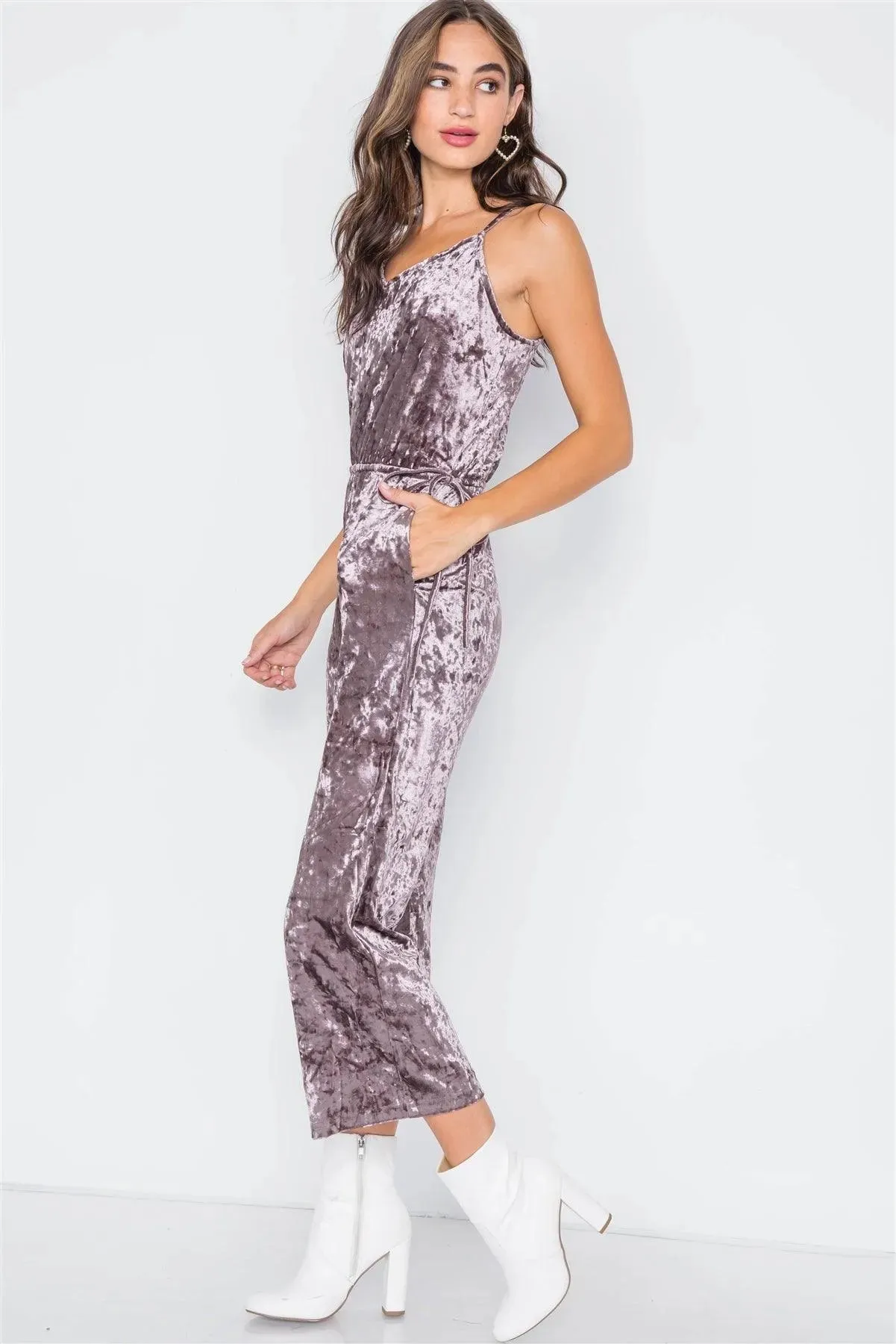 Sage Purple Crushed Velvet V-neck Wide Leg Jumpsuit / 3-2-1