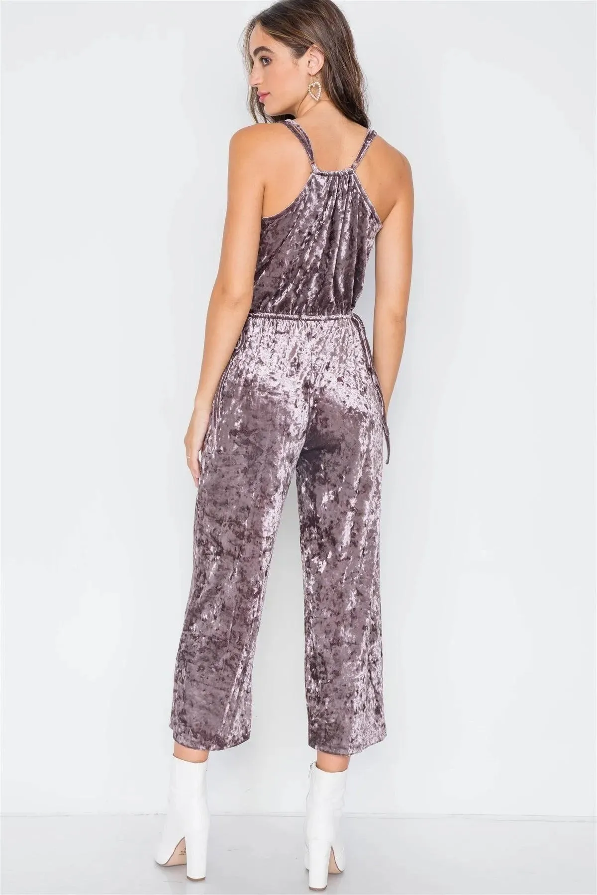 Sage Purple Crushed Velvet V-neck Wide Leg Jumpsuit / 3-2-1