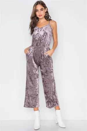 Sage Purple Crushed Velvet V-neck Wide Leg Jumpsuit / 3-2-1