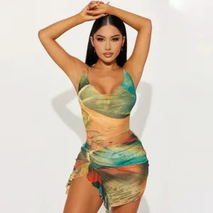 Scenery Print Halter Backless Mini Dress