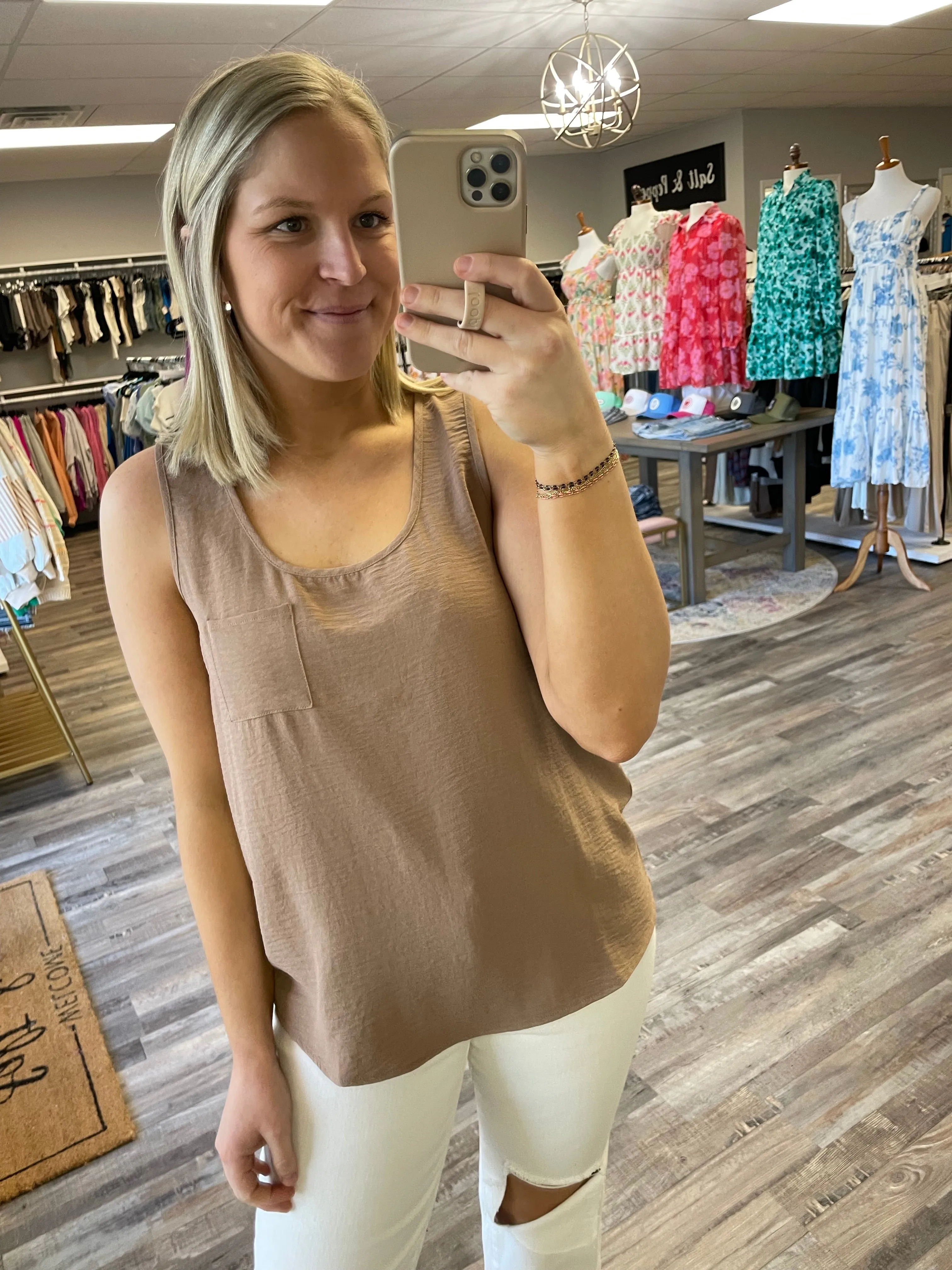Scoop Neck Pocket Tank Blouse - Toast