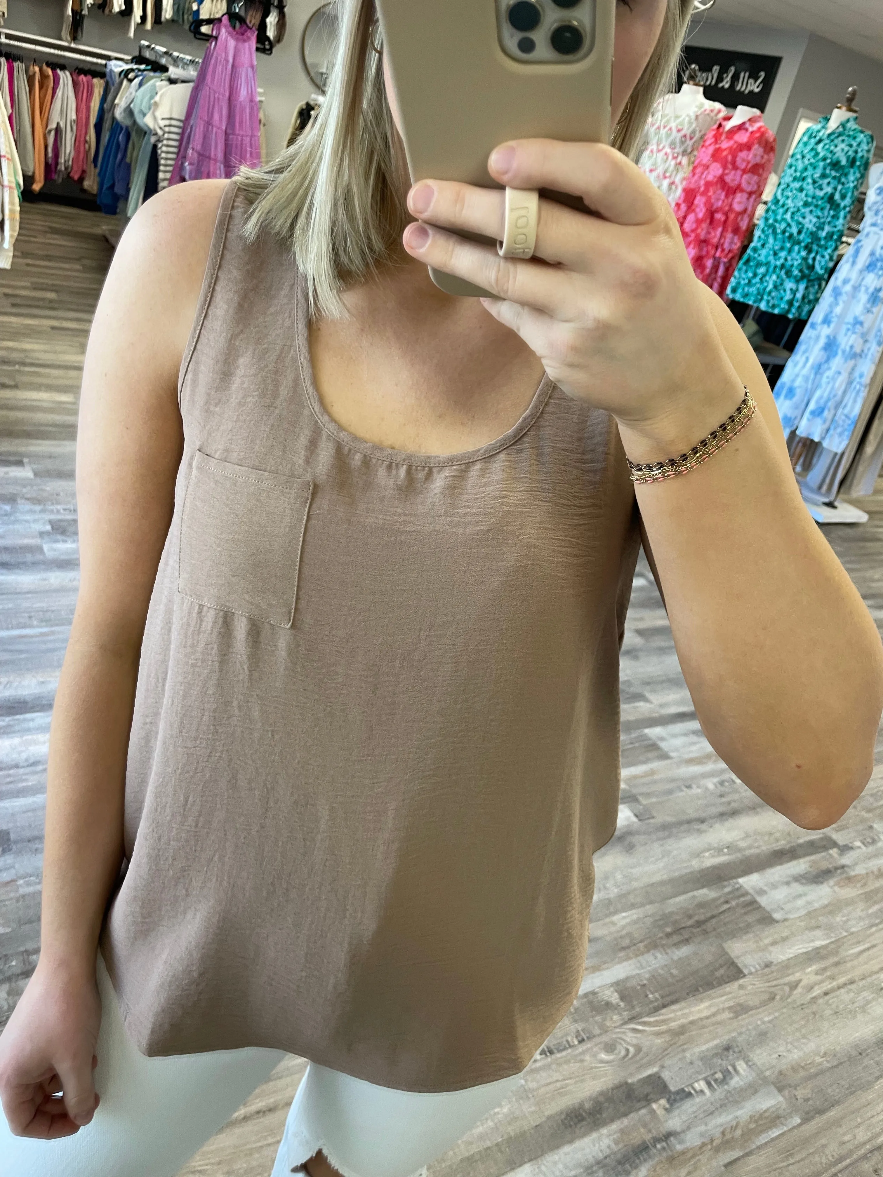 Scoop Neck Pocket Tank Blouse - Toast