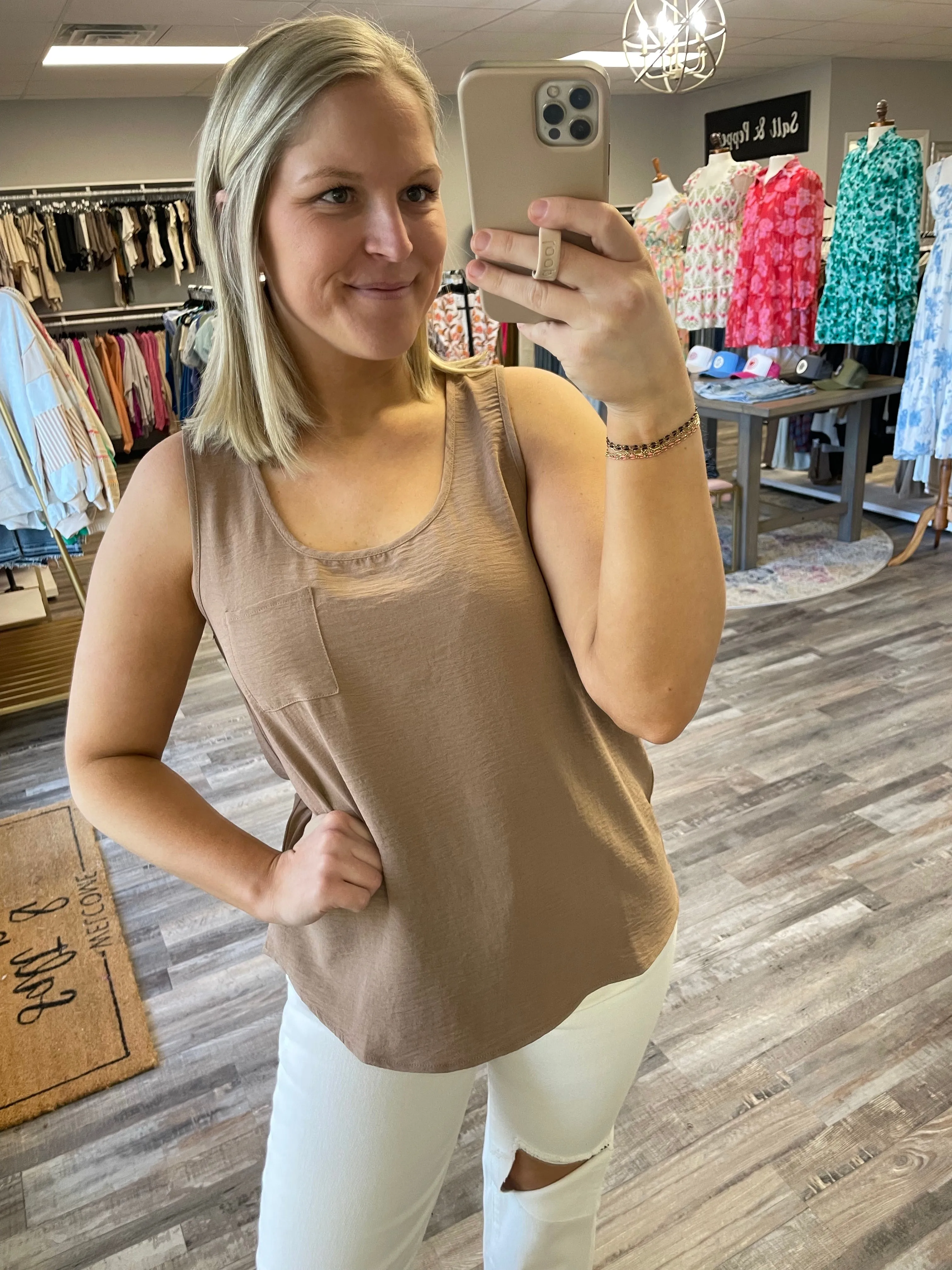 Scoop Neck Pocket Tank Blouse - Toast
