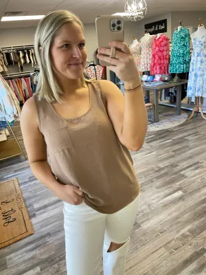 Scoop Neck Pocket Tank Blouse - Toast