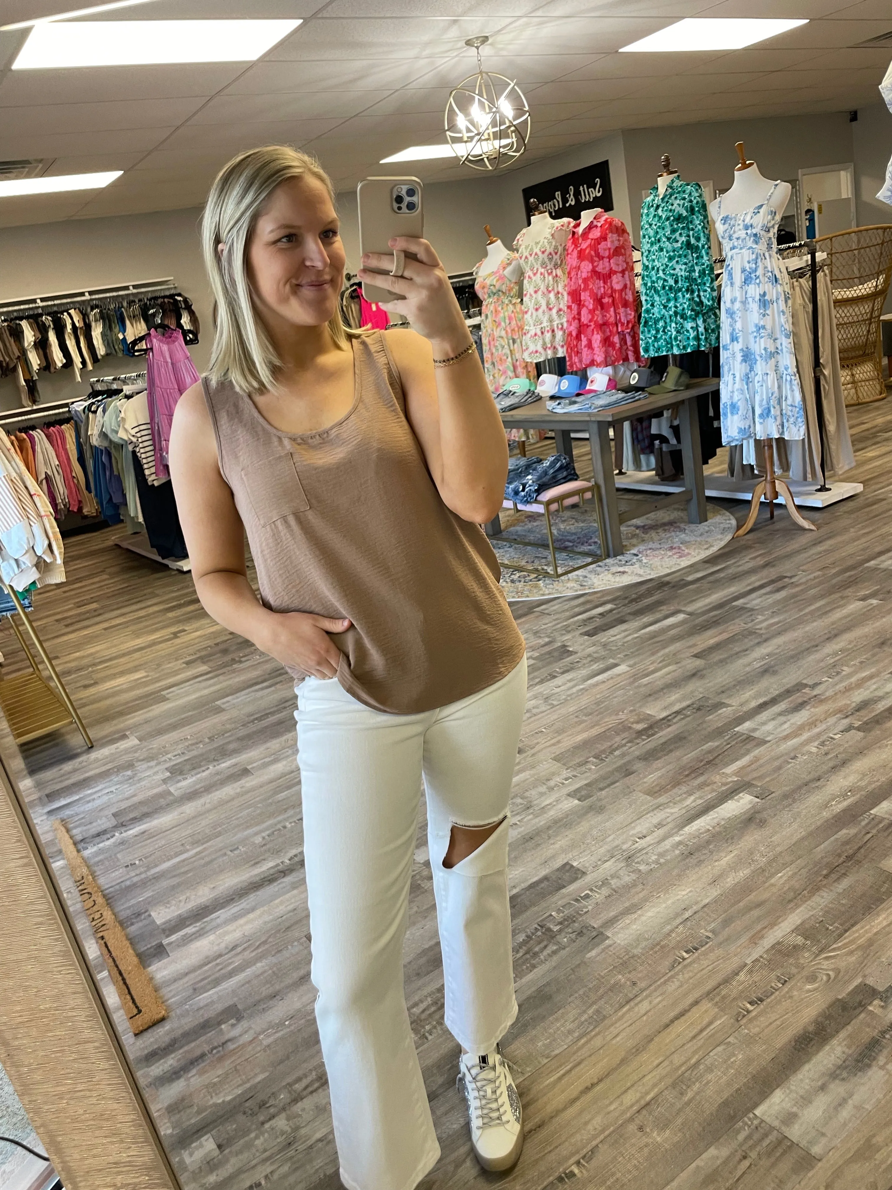 Scoop Neck Pocket Tank Blouse - Toast