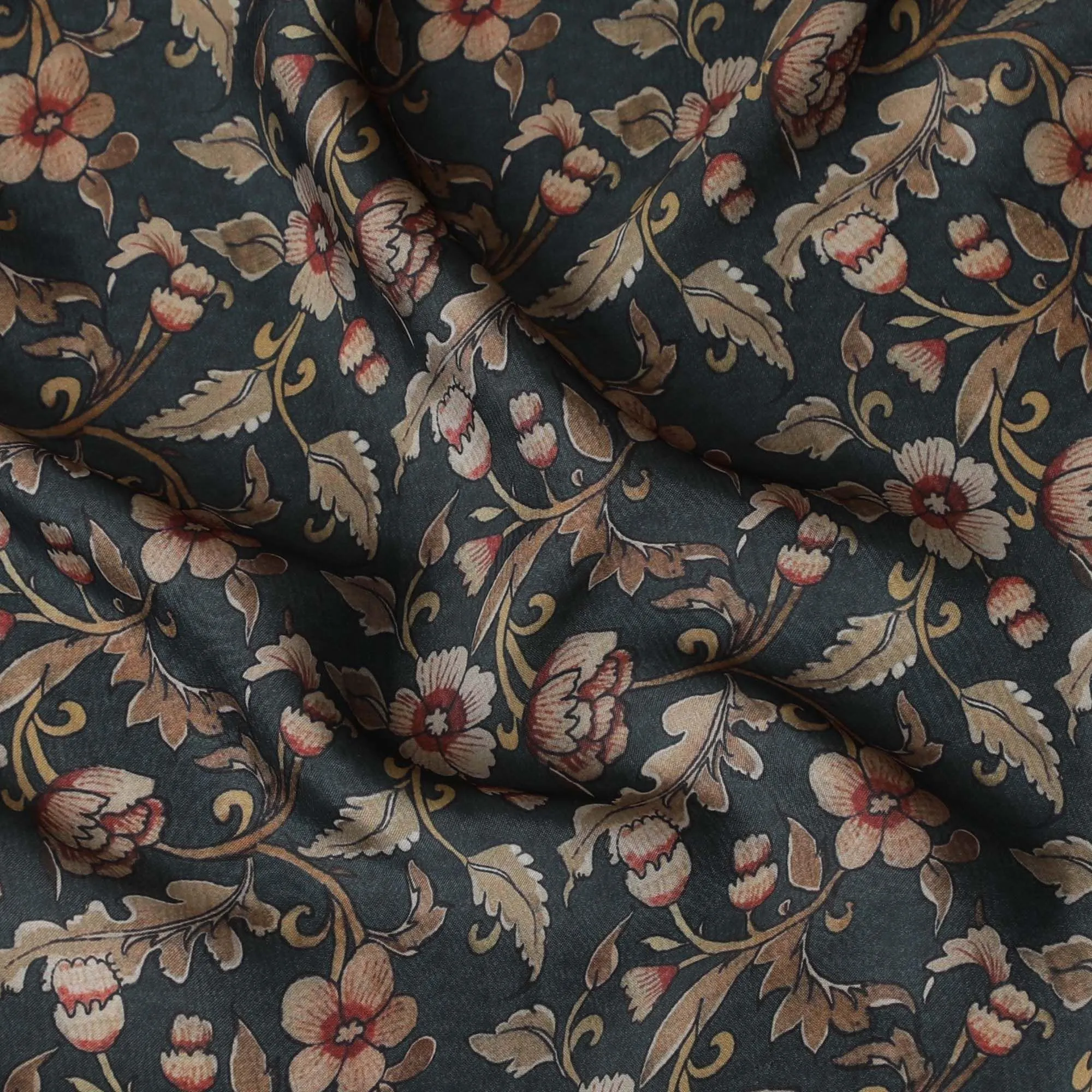 Seaweed green synthetic crepe fabric with multicolor print in floral design-D15662