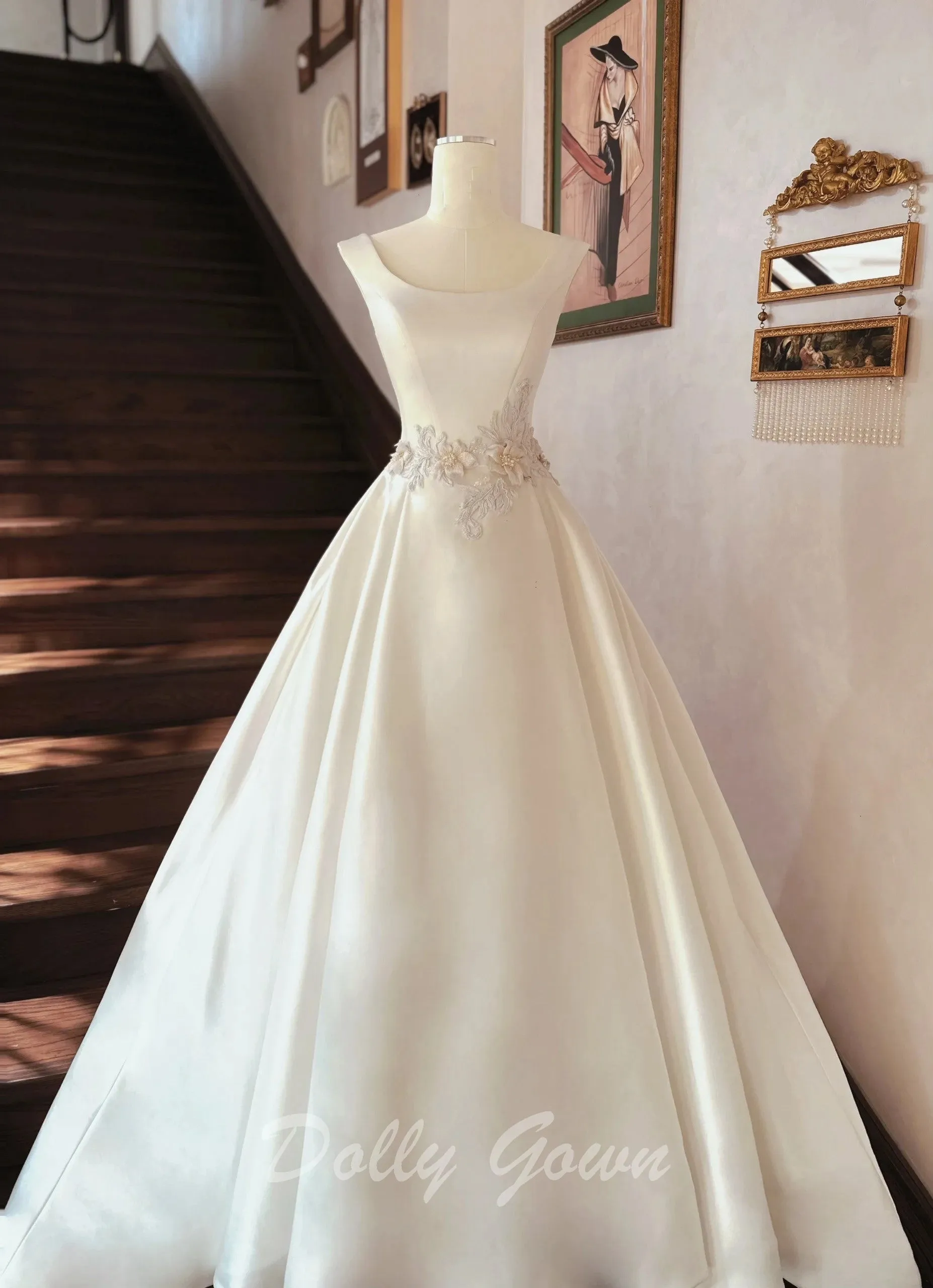 Simple Boat Neck Satin Ball Gown Wedding Dress