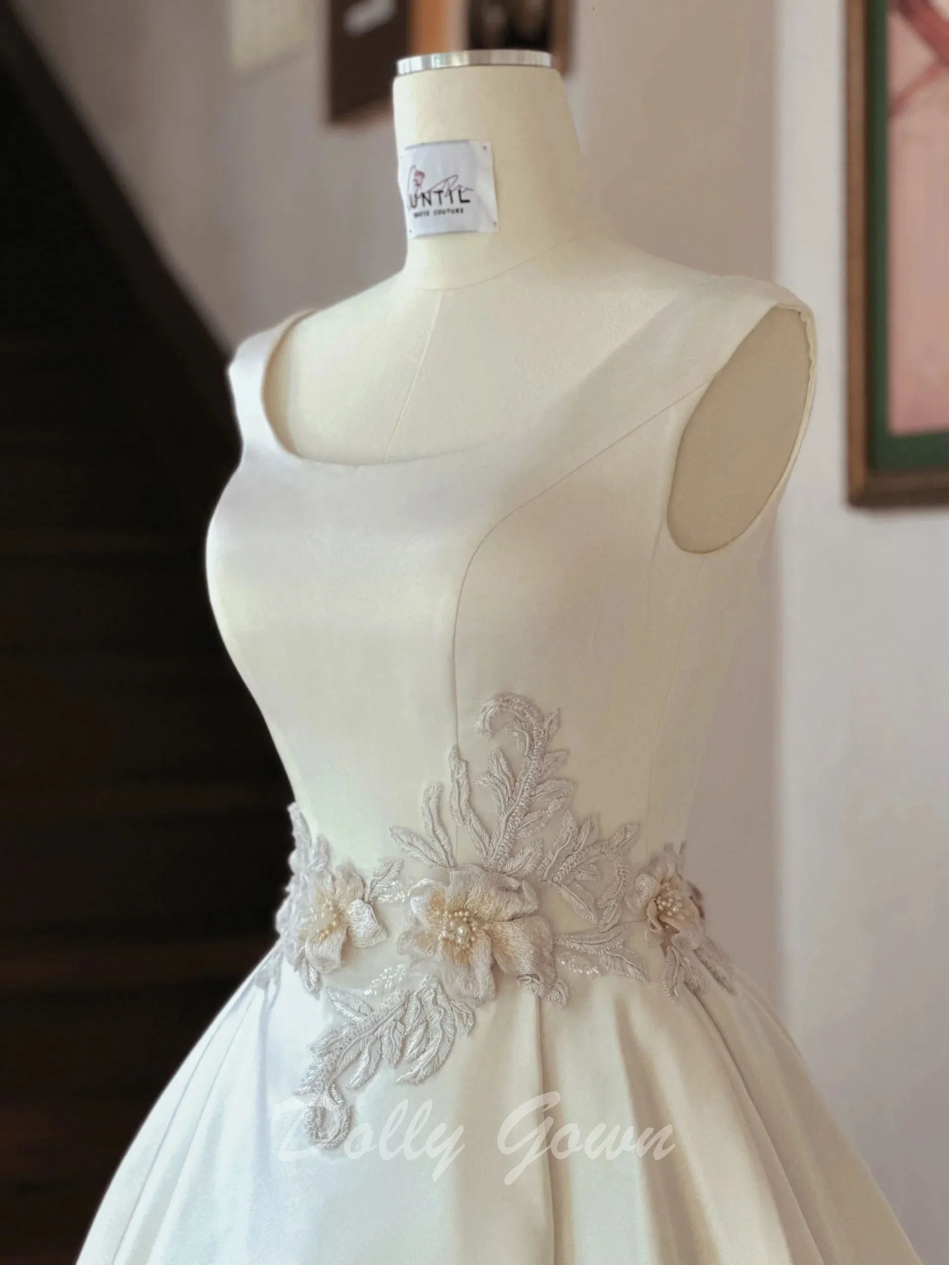 Simple Boat Neck Satin Ball Gown Wedding Dress