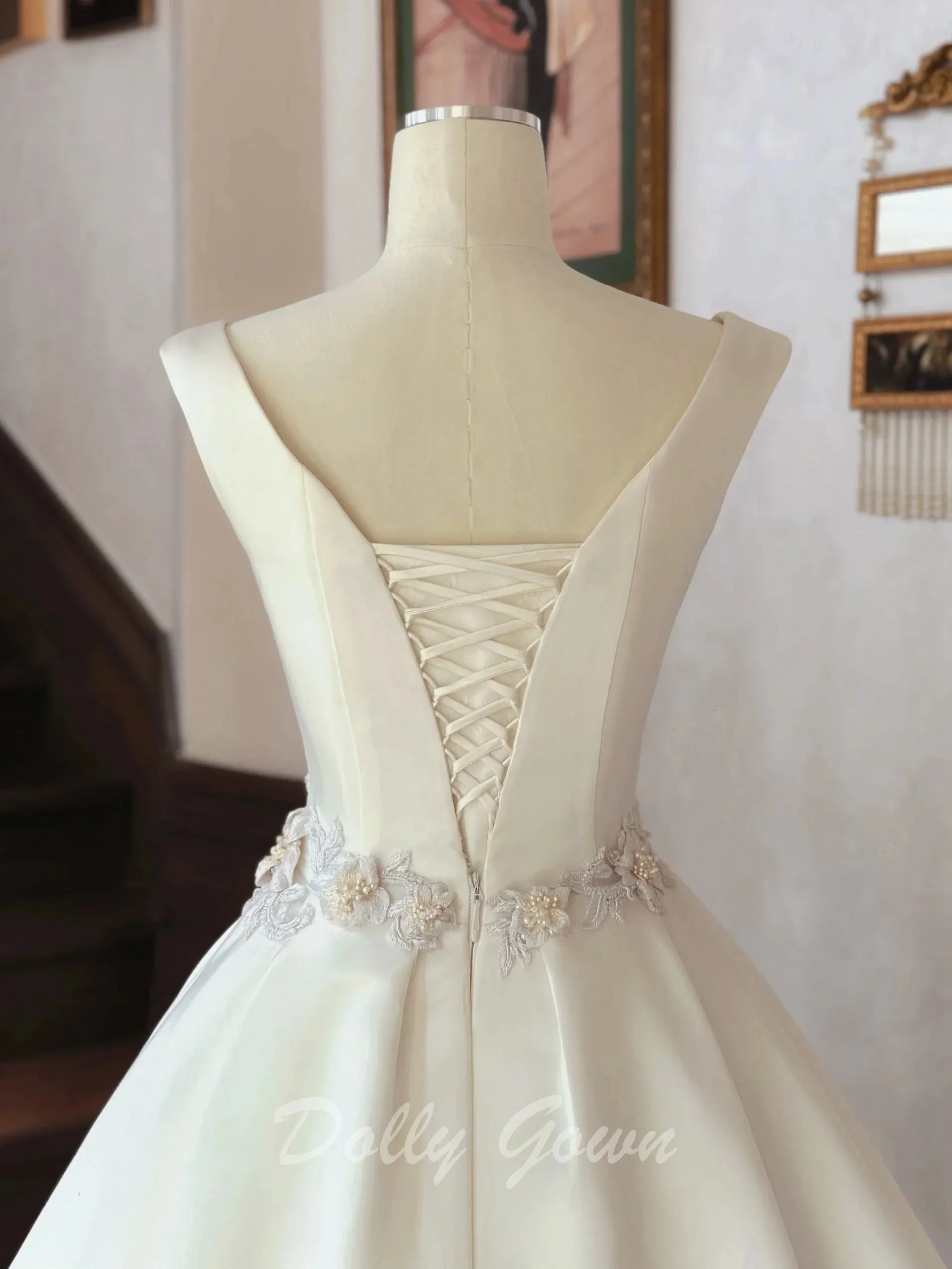 Simple Boat Neck Satin Ball Gown Wedding Dress