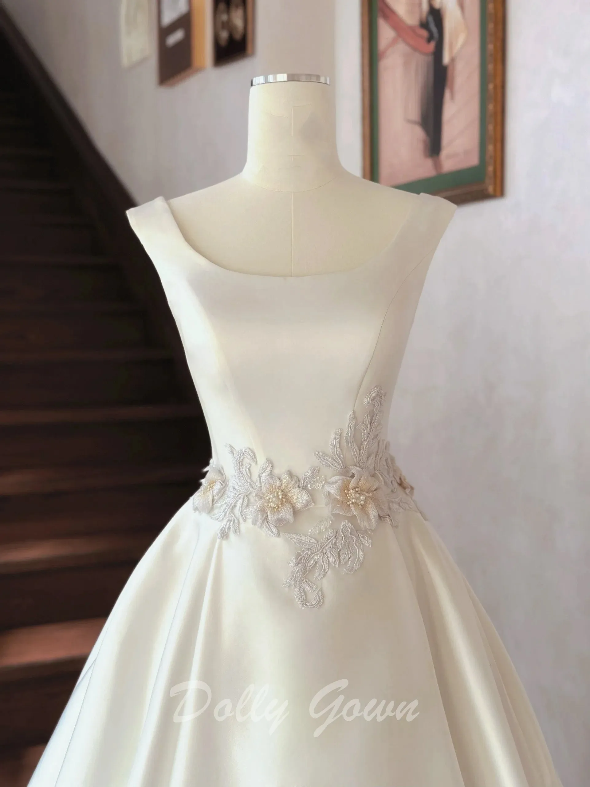 Simple Boat Neck Satin Ball Gown Wedding Dress
