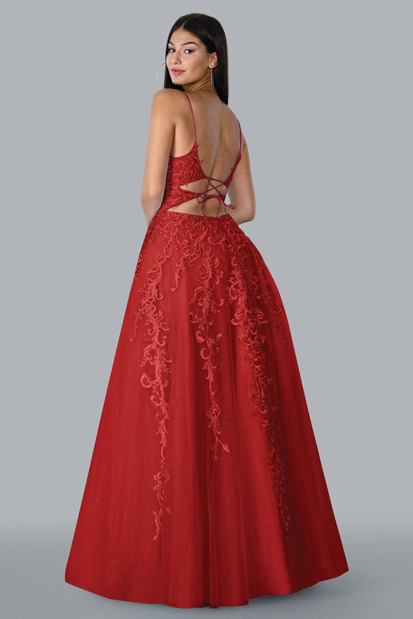 Stella Couture 23178 Long Lace A Line Backless Shimmer Ball Gown Prom Dress Corset V Neck