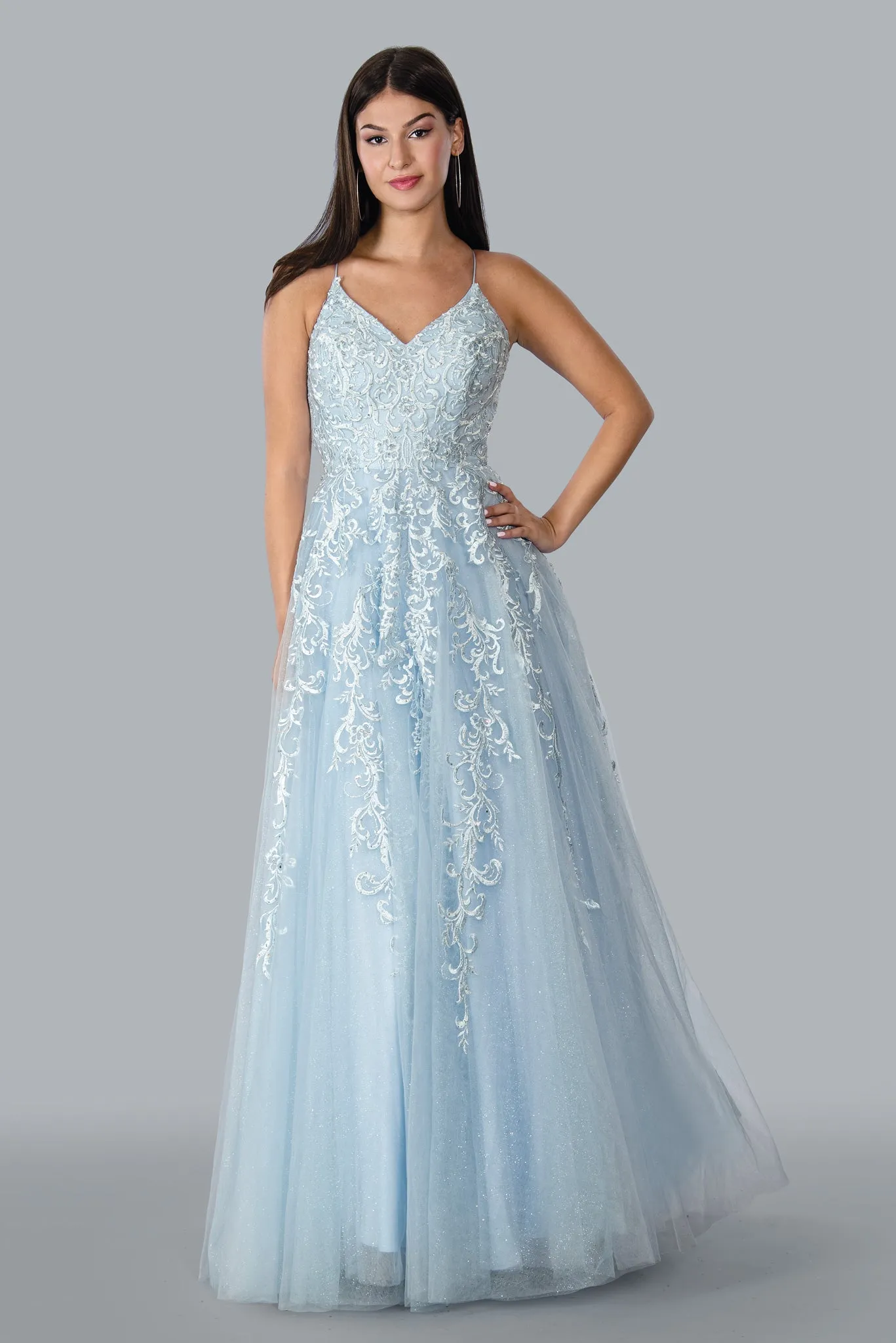 Stella Couture 23178 Long Lace A Line Backless Shimmer Ball Gown Prom Dress Corset V Neck