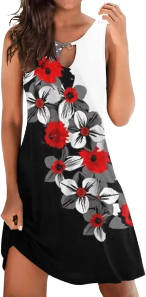Summer Dresses for Women Beach Boho Sleeveless Vintage Floral Flowy Pocket Tshirt Tank Sundresses Beach Cover Up Dress with Pockets E-red, 3X-Large