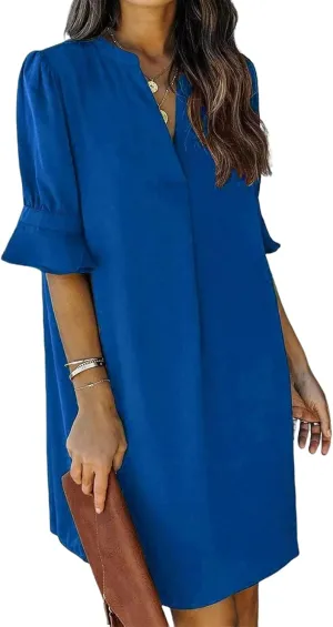 Summer Dresses for Women V Neck Ruffle Short Sleeve Casual Shift Mini Dress Loose Fashion Solid Color Dresses