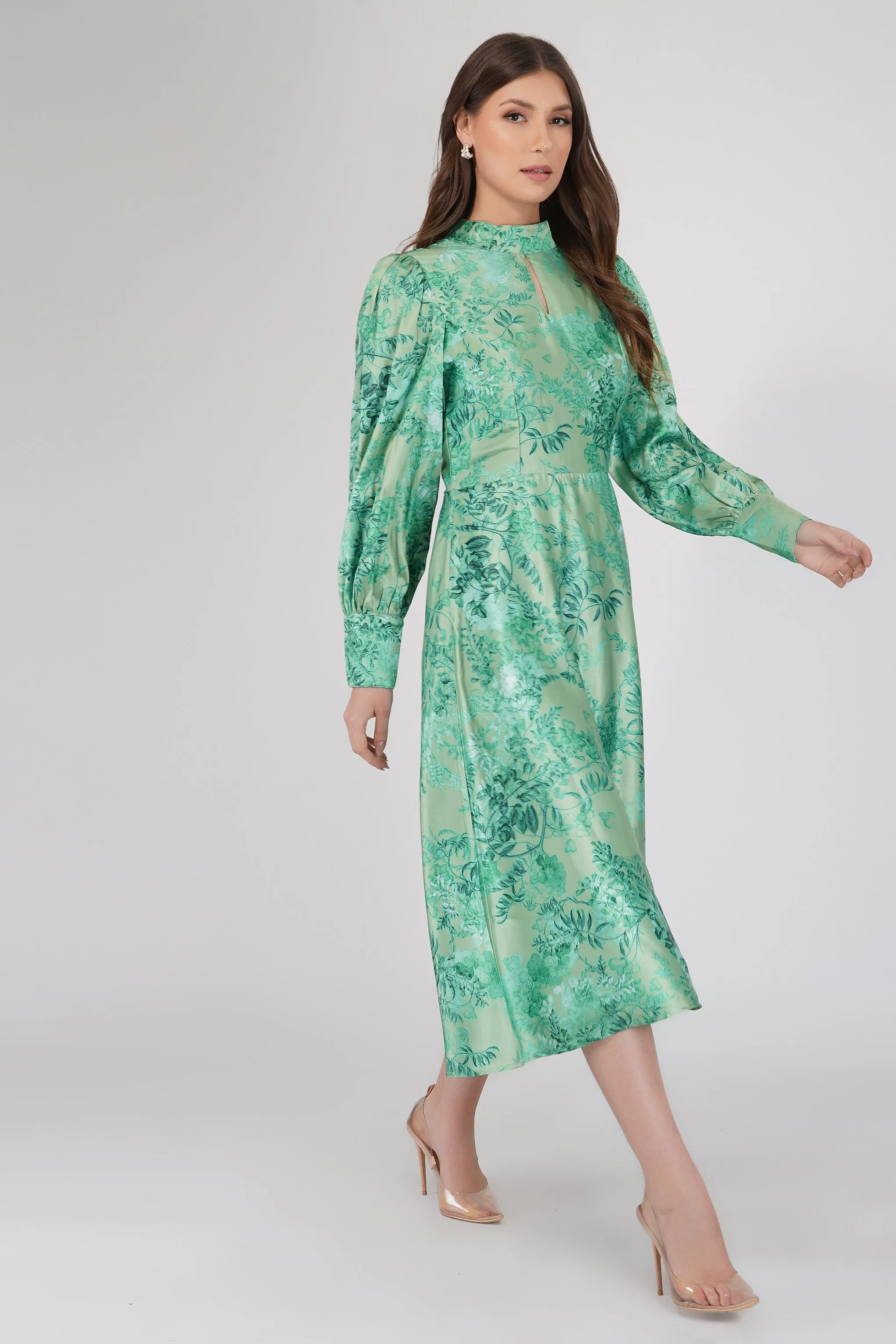 Taylor Long Sleeve Satin Midi Dress in Green