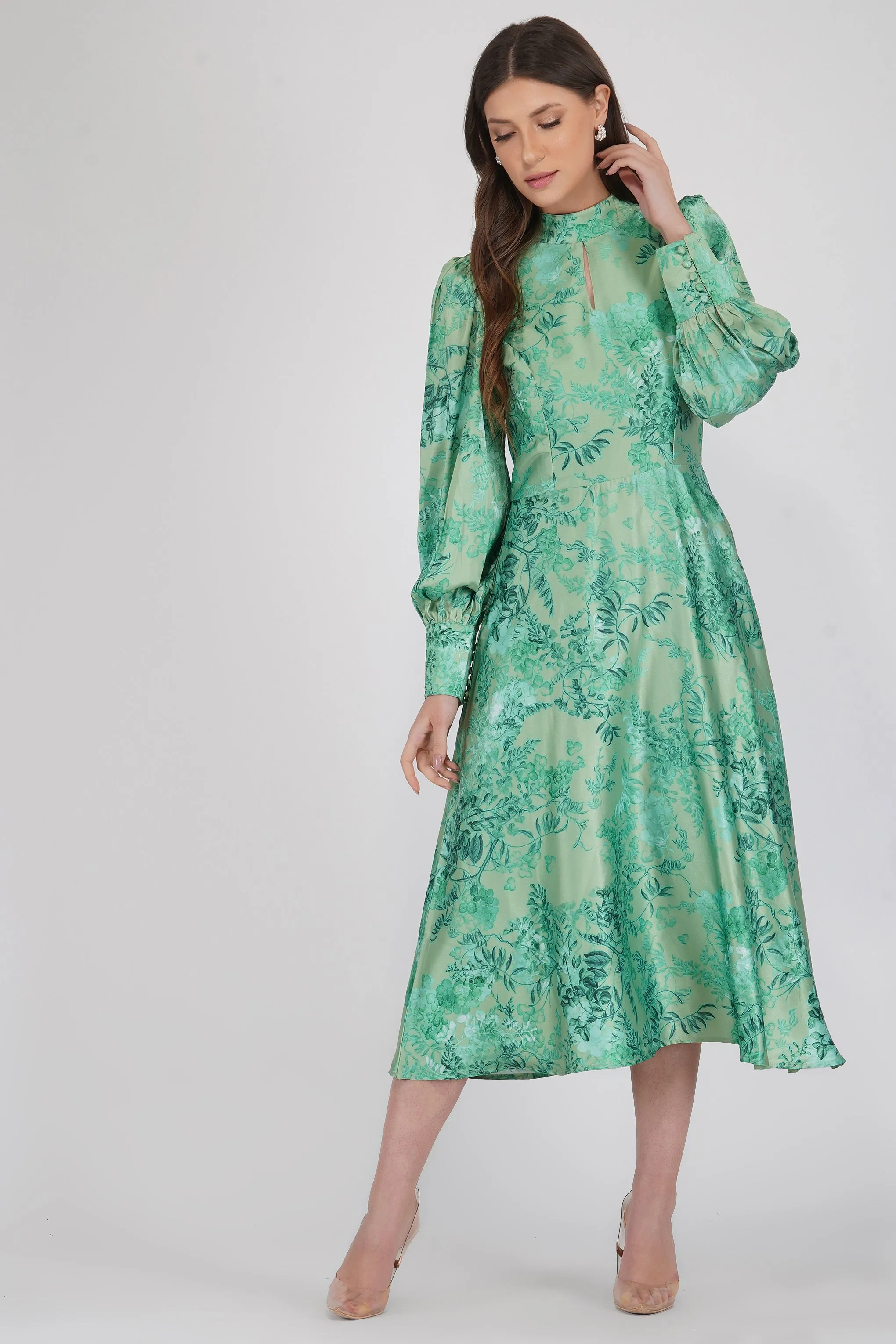 Taylor Long Sleeve Satin Midi Dress in Green