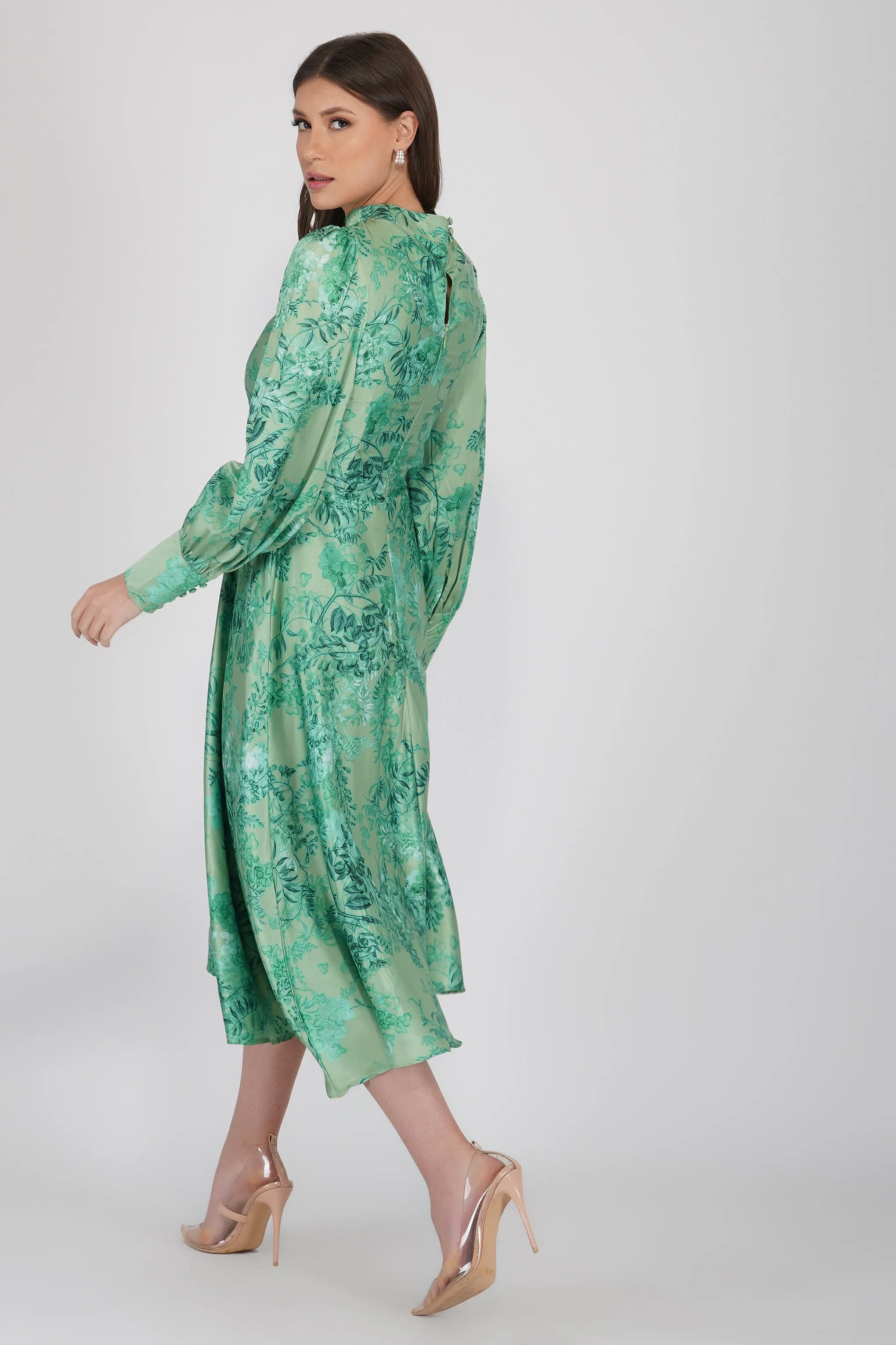 Taylor Long Sleeve Satin Midi Dress in Green