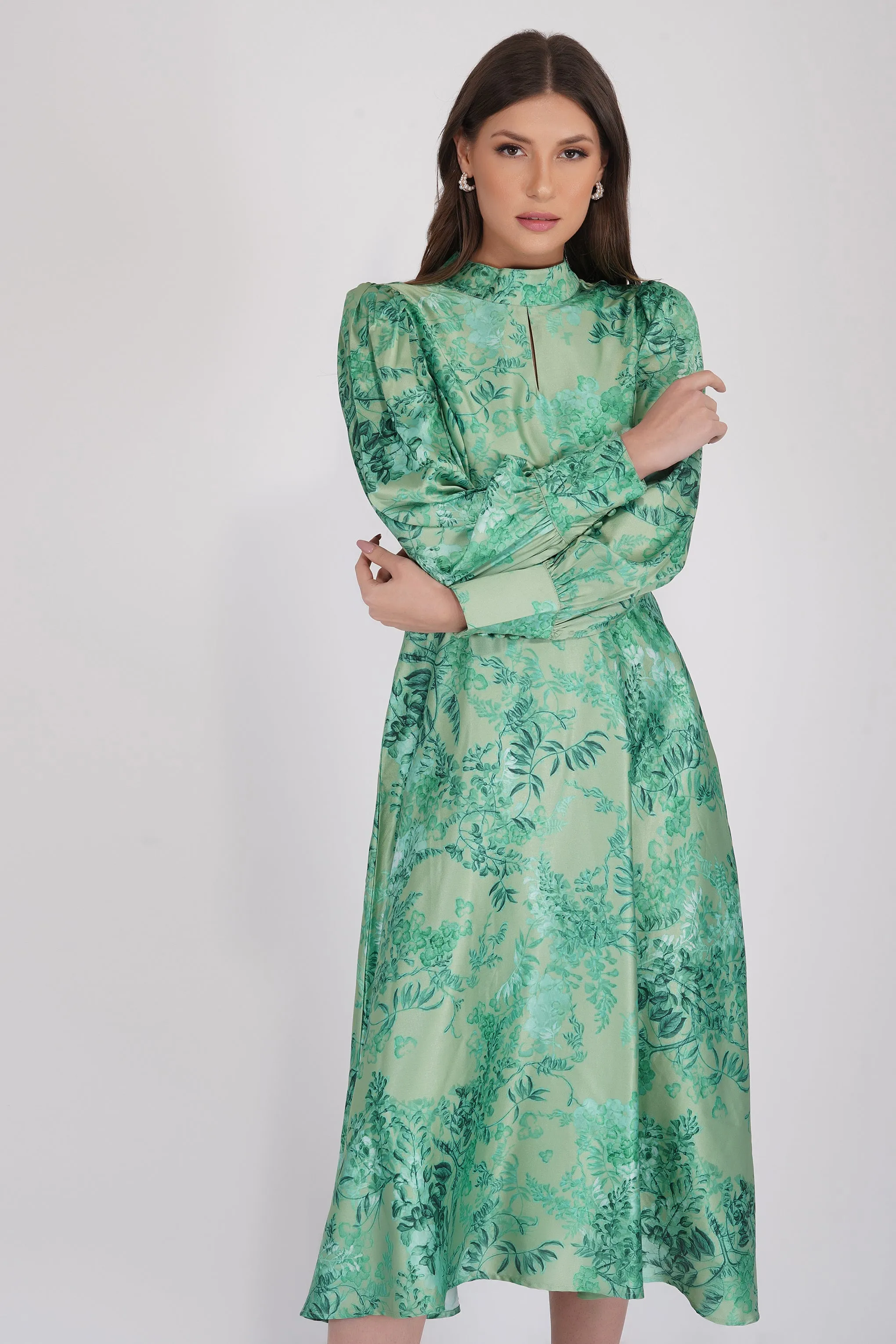 Taylor Long Sleeve Satin Midi Dress in Green