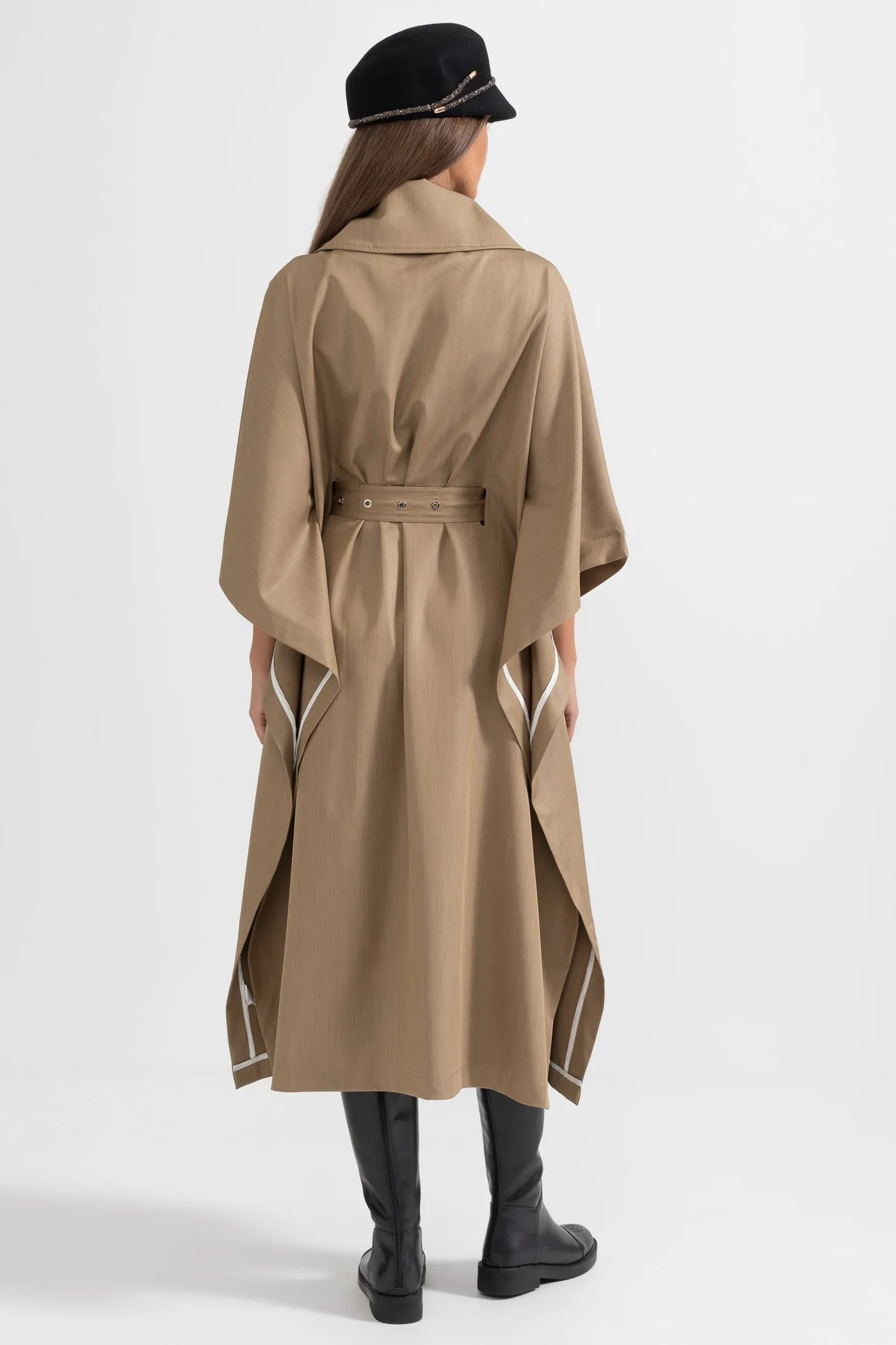 Trench Coat With Cape-Like Sleeve Construction - Khaki