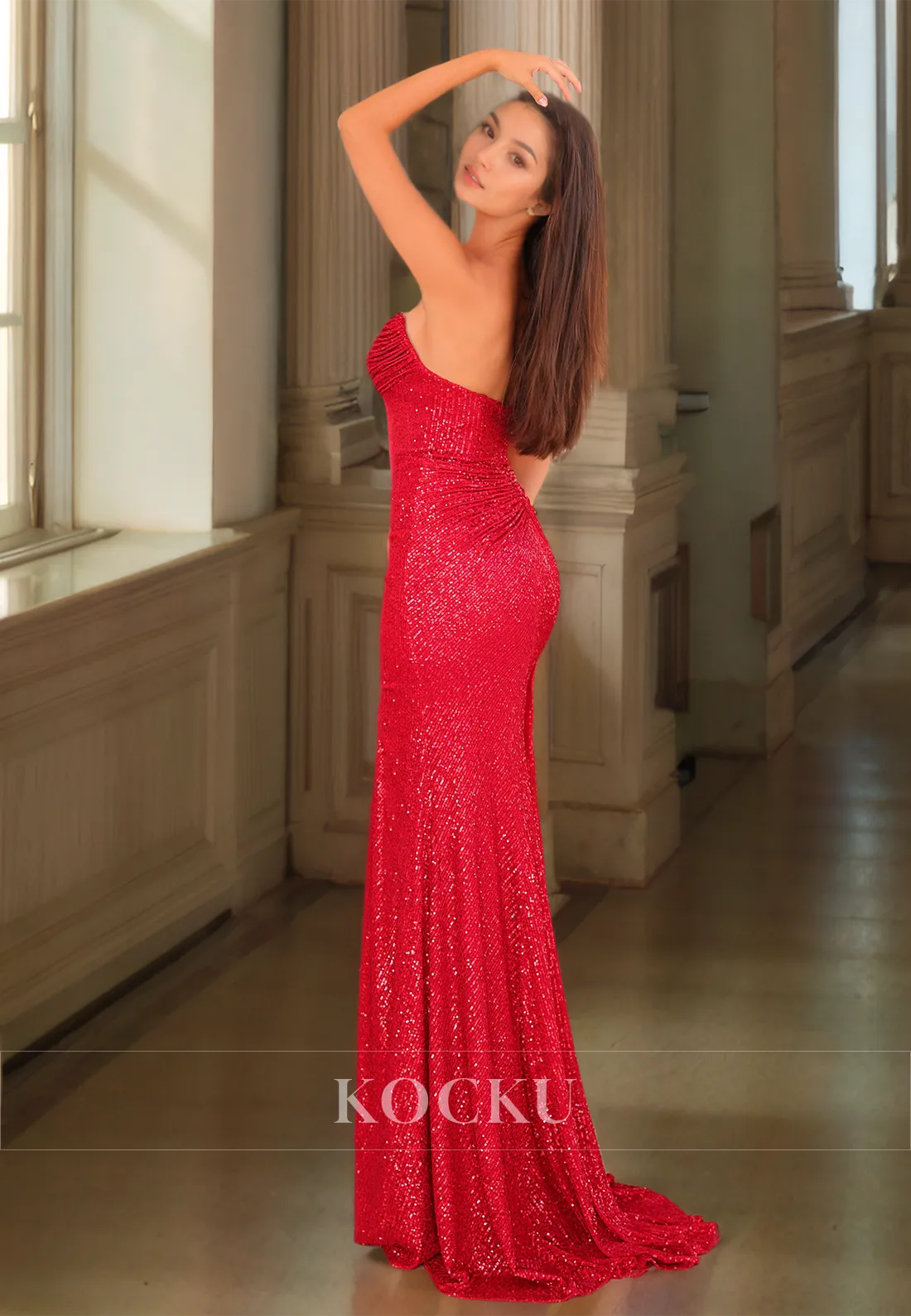 Tube Top Sheath Sleeveless Sweep Train Pleated Sequins Prom Dress Party Dress with High Slit