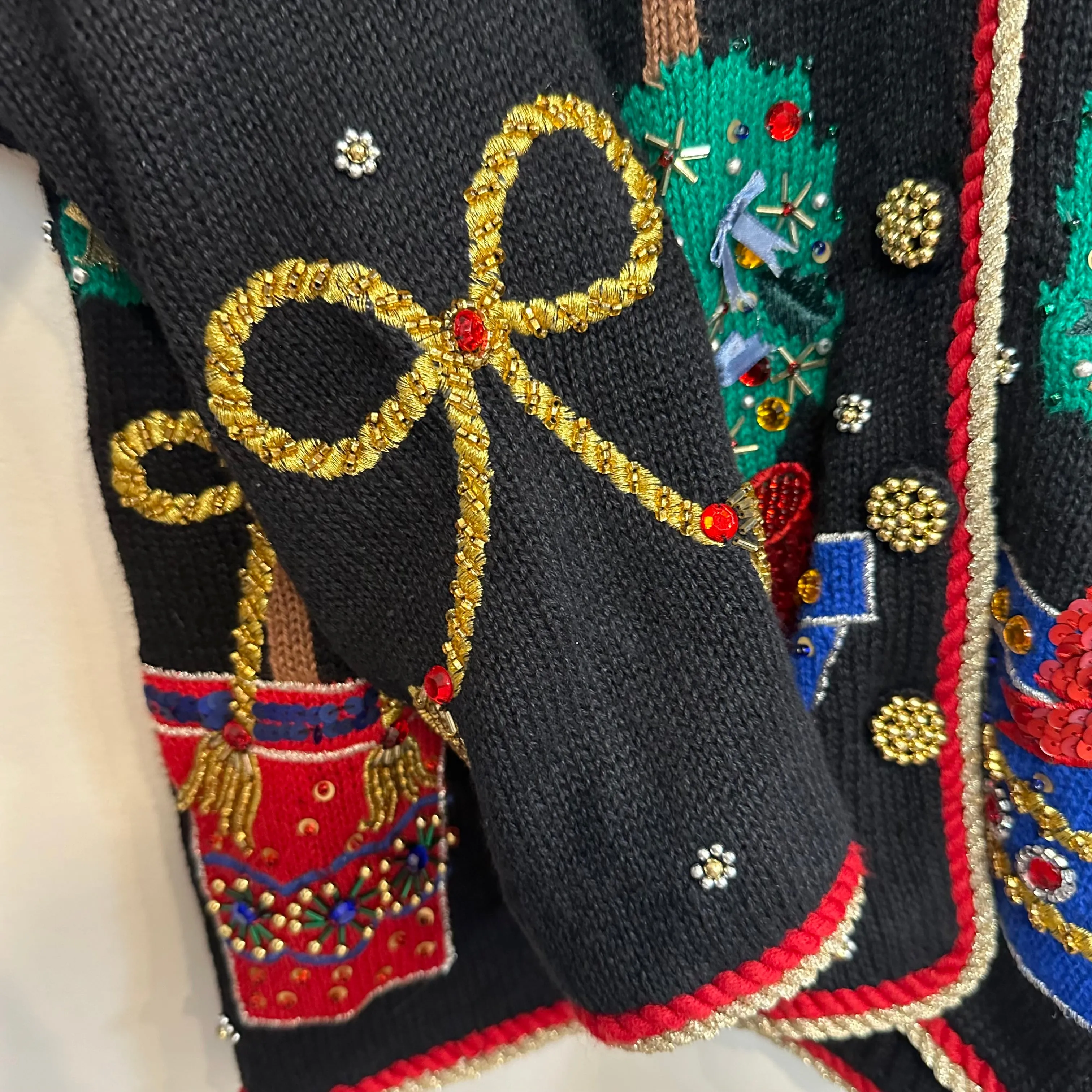 Vintage BellePointe Christmas Cardigan Sweater Beaded Trees Topiary Embroidered Small