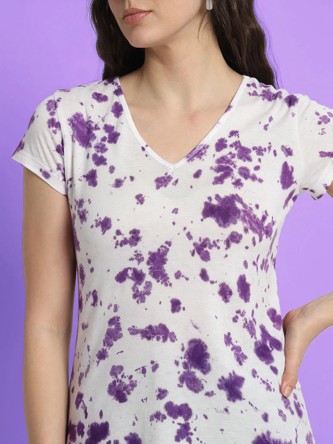 Women Purple Tie and Dyed V-Neck T-shirt