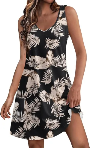 Women's Casual Dresses Sleeveless Floral Print Loose Summer Mini Dress Vacation Trendy Beach Hawaiian Sun Dress