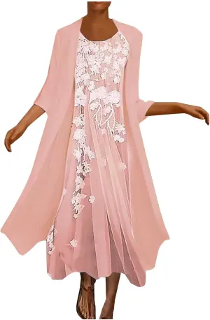 Womens Flowy Boho Floral Midi Dresses with Chiffon Jacket Mother of The Summer Beach Dresses for Women 2 Piece Sets