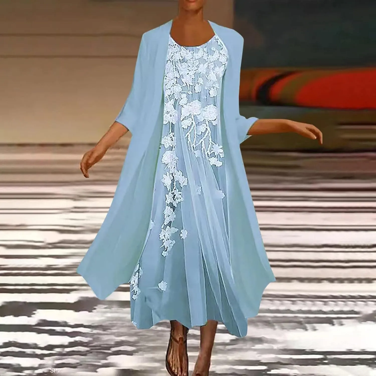 Womens Flowy Boho Floral Midi Dresses with Chiffon Jacket Mother of The Summer Beach Dresses for Women 2 Piece Sets