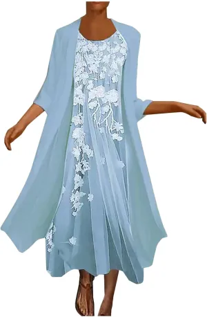 Womens Flowy Boho Floral Midi Dresses with Chiffon Jacket Mother of The Summer Beach Dresses for Women 2 Piece Sets