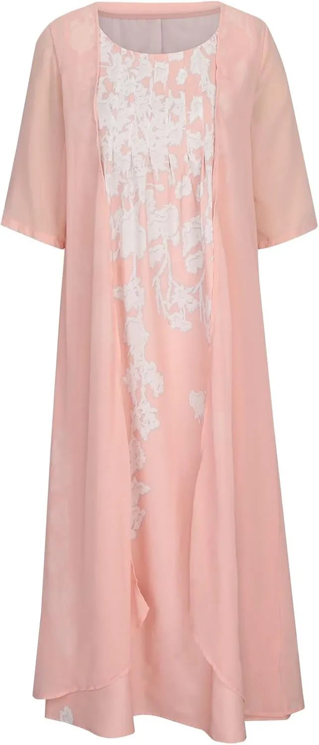 Womens Flowy Boho Floral Midi Dresses with Chiffon Jacket Mother of The Summer Beach Dresses for Women 2 Piece Sets