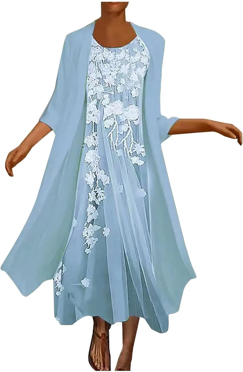 Womens Flowy Boho Floral Midi Dresses with Chiffon Jacket Mother of The Summer Beach Dresses for Women 2 Piece Sets