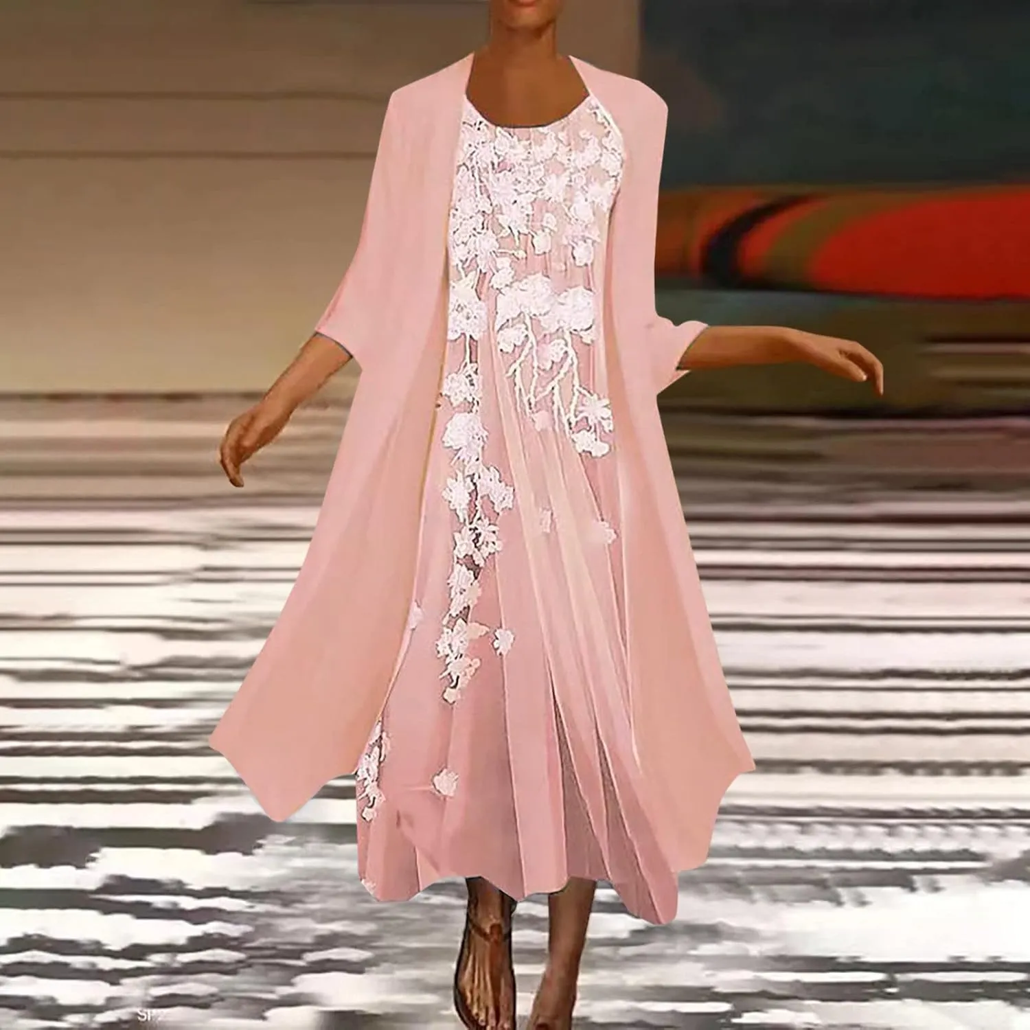 Womens Flowy Boho Floral Midi Dresses with Chiffon Jacket Mother of The Summer Beach Dresses for Women 2 Piece Sets
