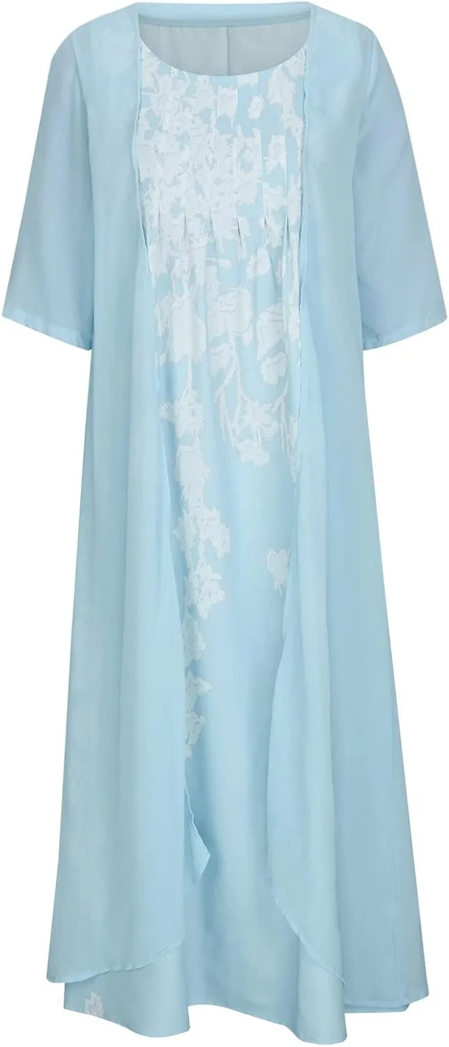 Womens Flowy Boho Floral Midi Dresses with Chiffon Jacket Mother of The Summer Beach Dresses for Women 2 Piece Sets