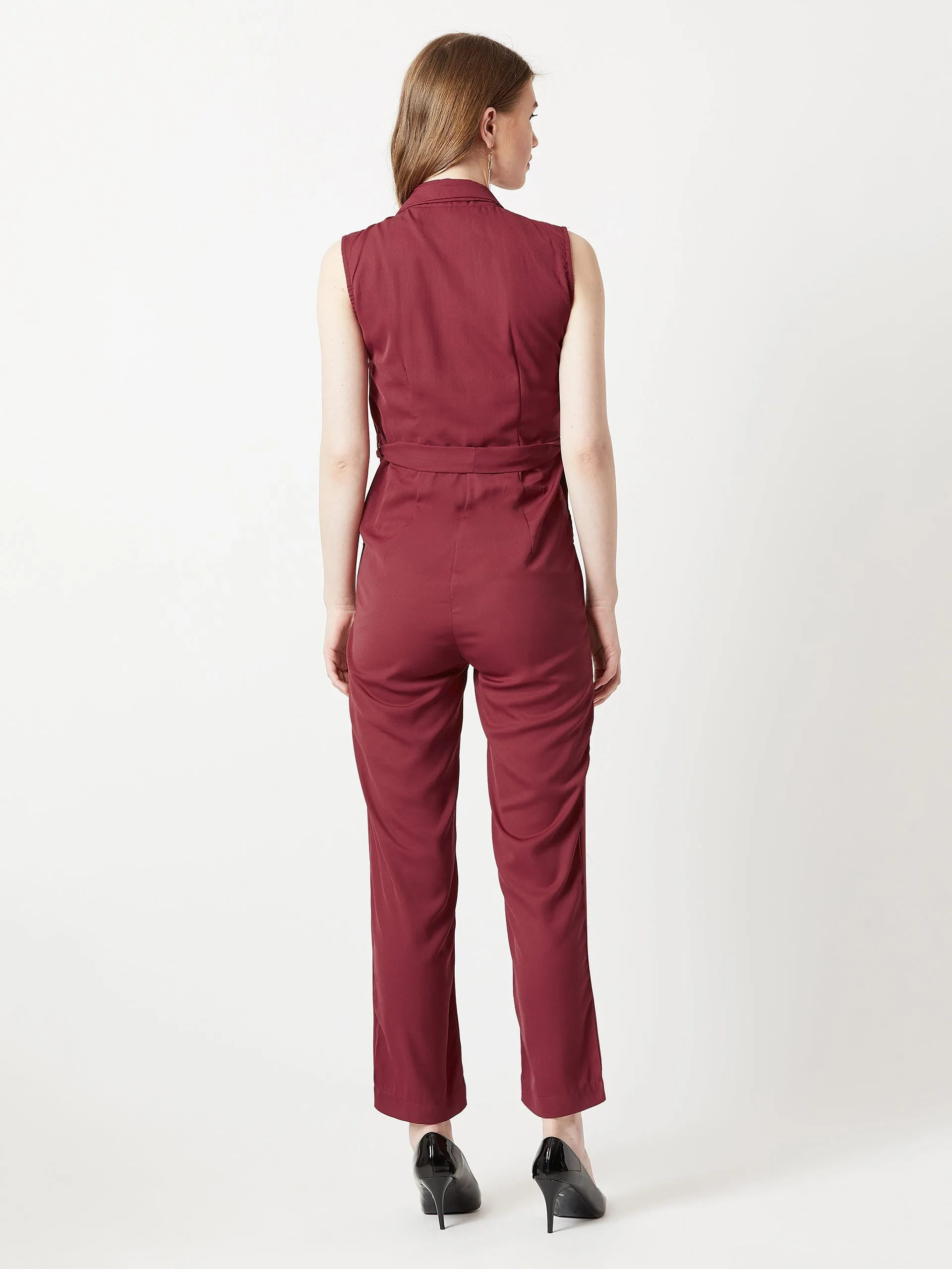 Women's Maroon V-Neck Sleeveless Straight Leg Tie-Up Solid Belted Wrap Jumpsuit