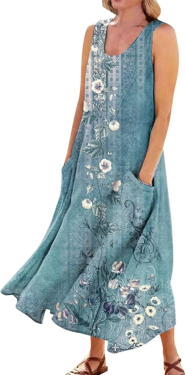 Women's Summer Casual Loose Maxi Dress 2024 Solid Color Sleeveless Round Neck Linen Dresses with Pockets, S-5XL