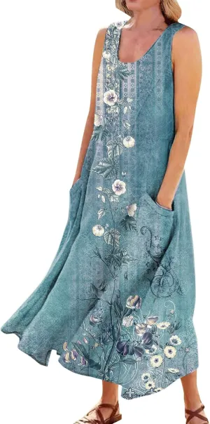 Women's Summer Casual Loose Maxi Dress 2024 Solid Color Sleeveless Round Neck Linen Dresses with Pockets, S-5XL