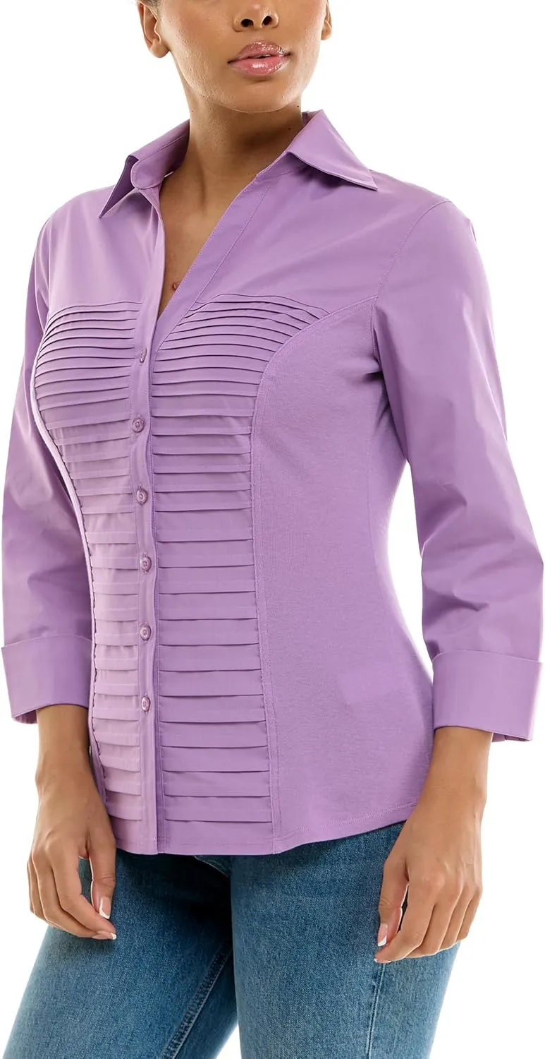Zac & Rachel Women's 3/4 Cuff Sleeve Button Down Top with Ribbed Knit Inserts for a Comfortable Fit