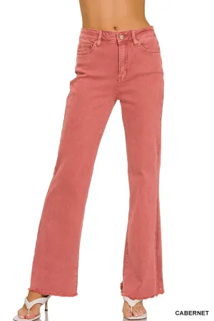 Zenana Acid Washed Frayed Cutoff Hem Straight Wide Pants